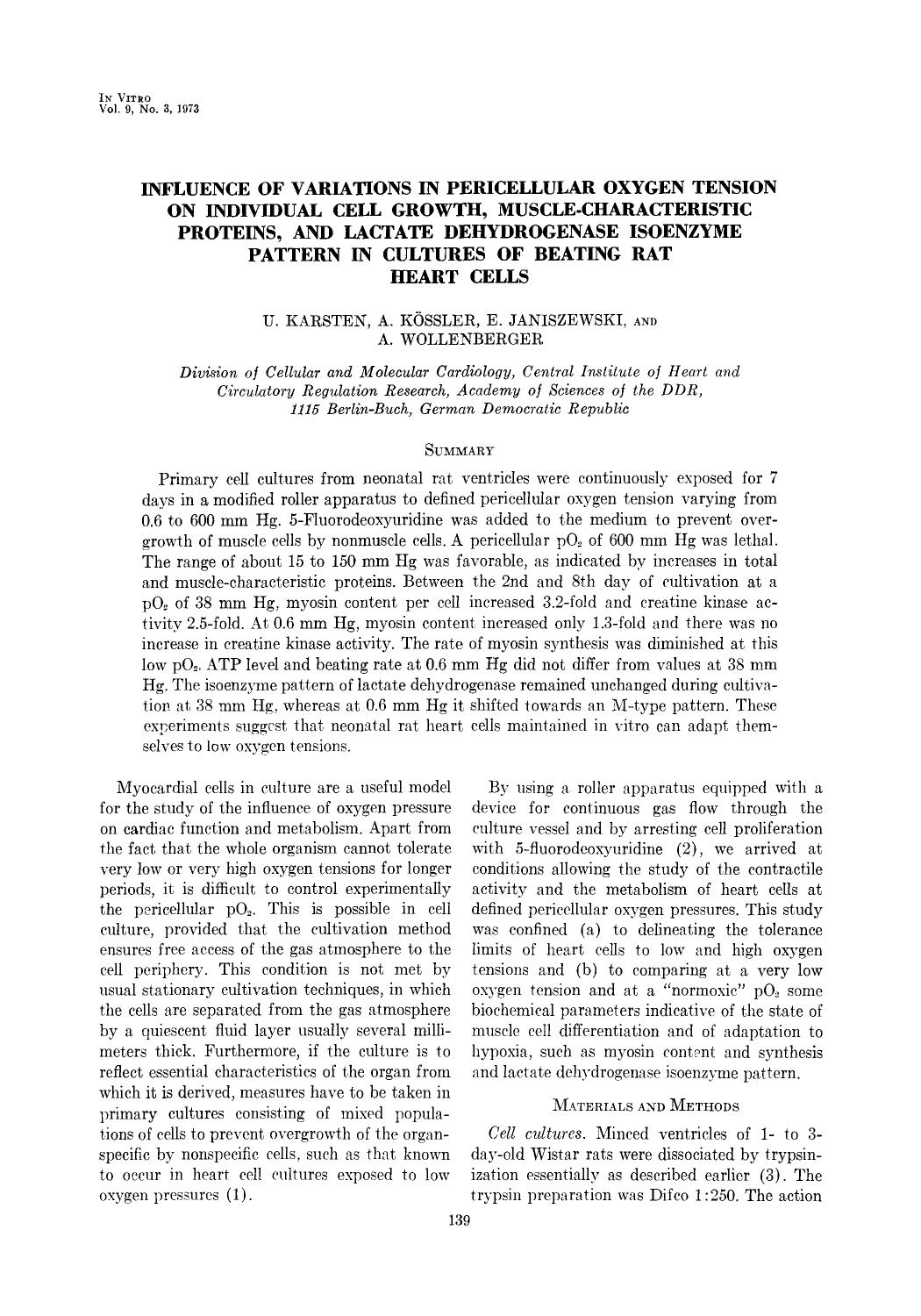 Influence of variations in pericellular oxygen tension on individual cell growth, muscle-characteristic proteins, and lactate dehydrogenase isoenzyme pattern in cultures of beating rat heart cells by Unknown