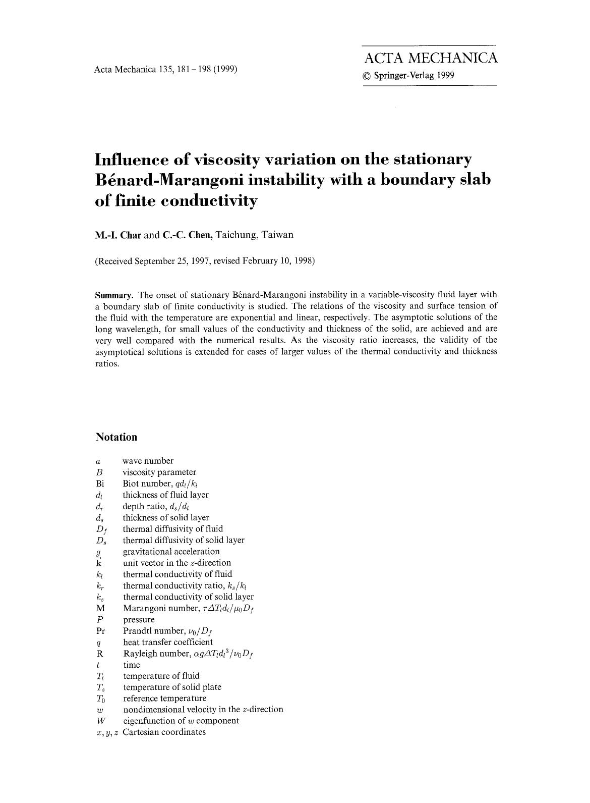 Influence of viscosity variation on the stationary B&#x00E9;nard-Marangoni instability with a boundary slab of finite conductivity by Unknown