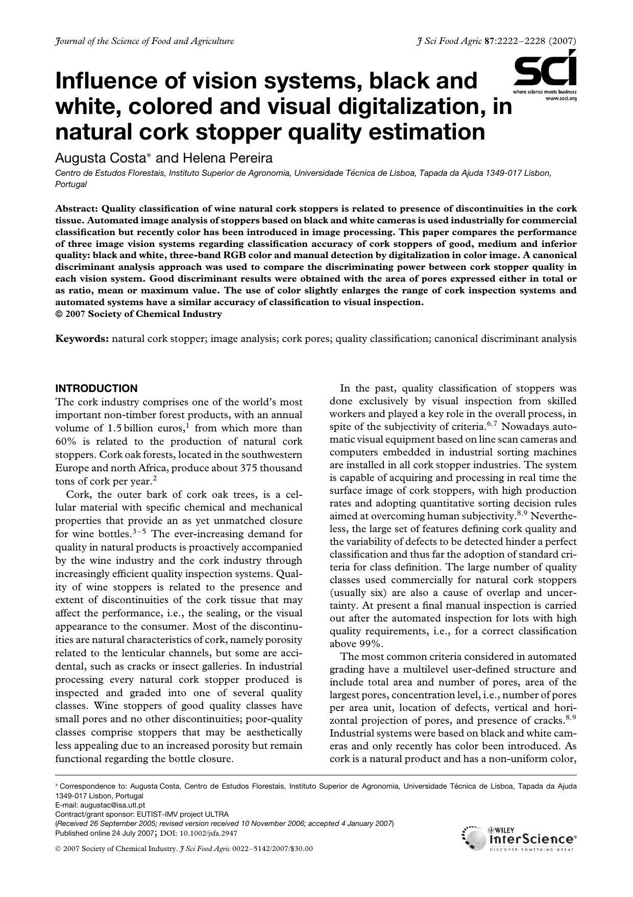 Influence of vision systems, black and white, colored and visual digitalization, in natural cork stopper quality estimation by Unknown