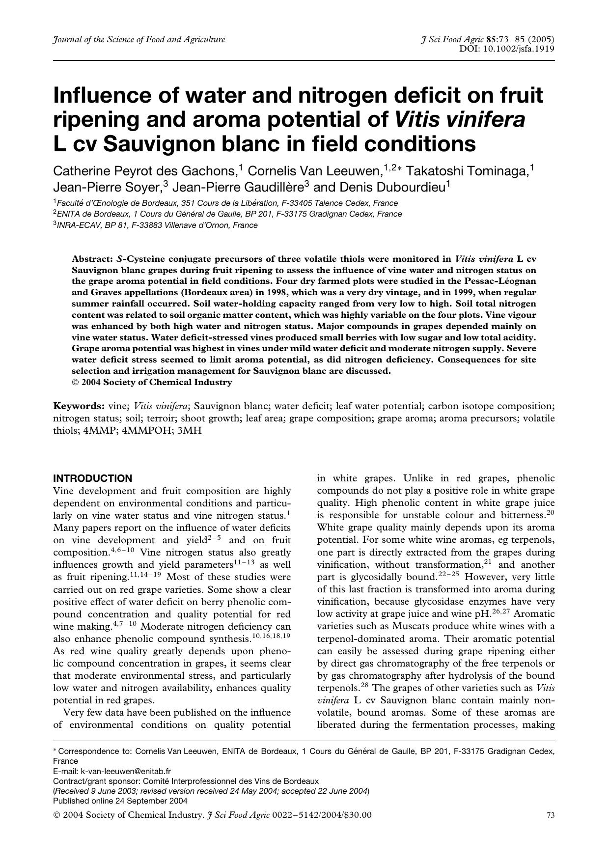 Influence of water and nitrogen deficit on fruit ripening and aroma potential of Vitis vinifera L cv Sauvignon blanc in field conditions by Unknown
