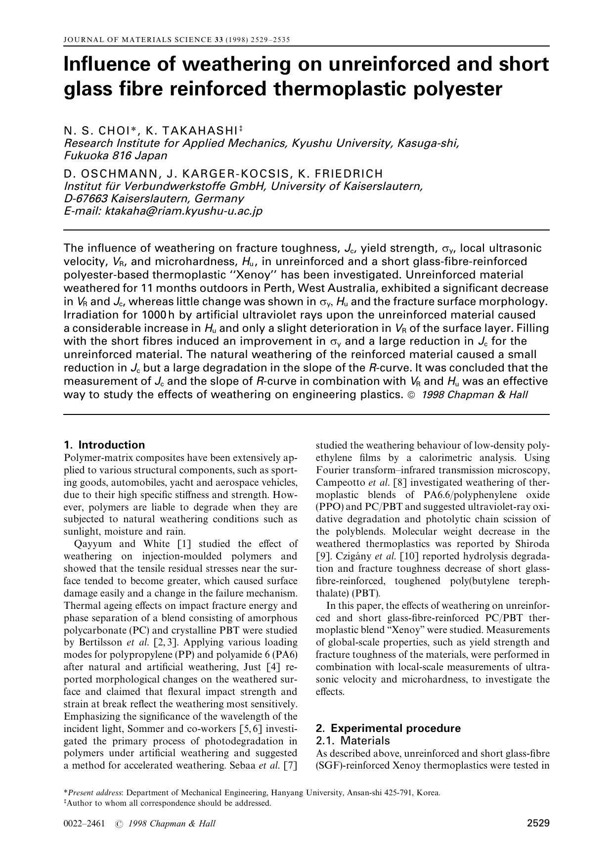 Influence of weathering on unreinforced and short glass fibre reinforced thermoplastic polyester by Unknown