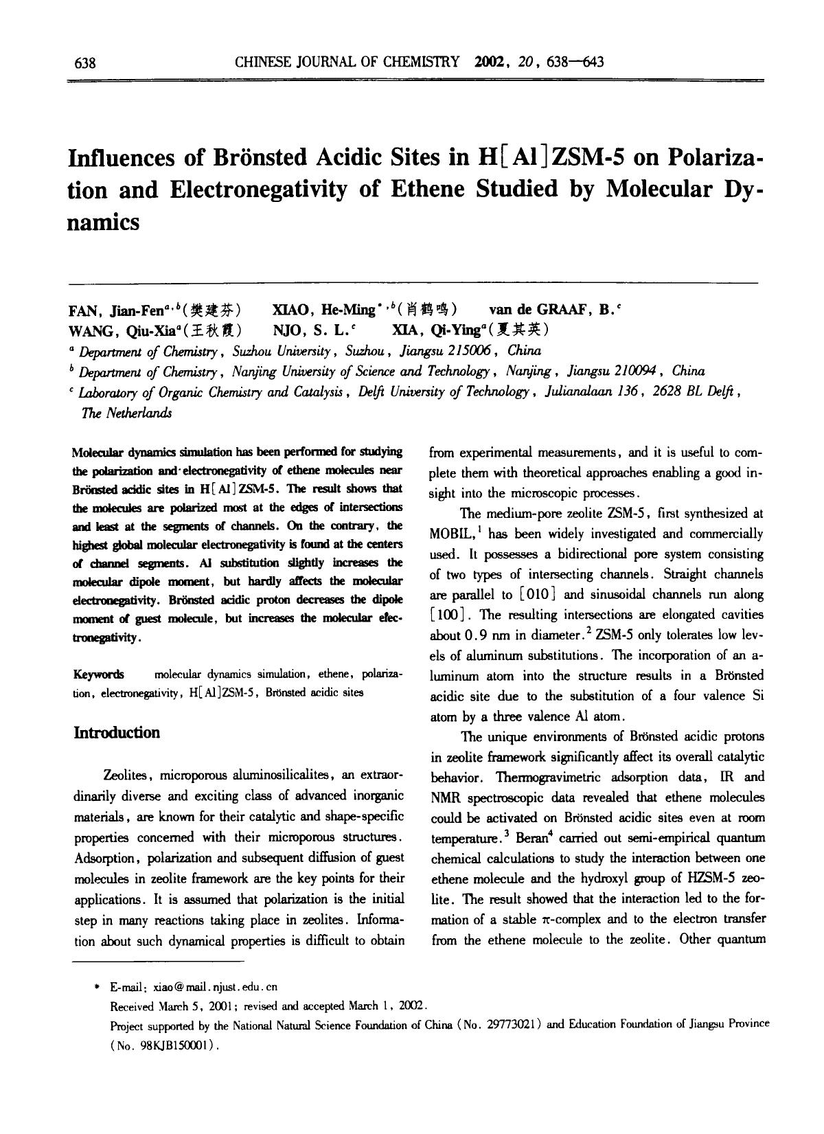 Influences of Brnsted Acidic Sites in H[Al]ZSM5 on Polarization and Electronegativity of Ethene Studied by Molecular Dynamics by Unknown