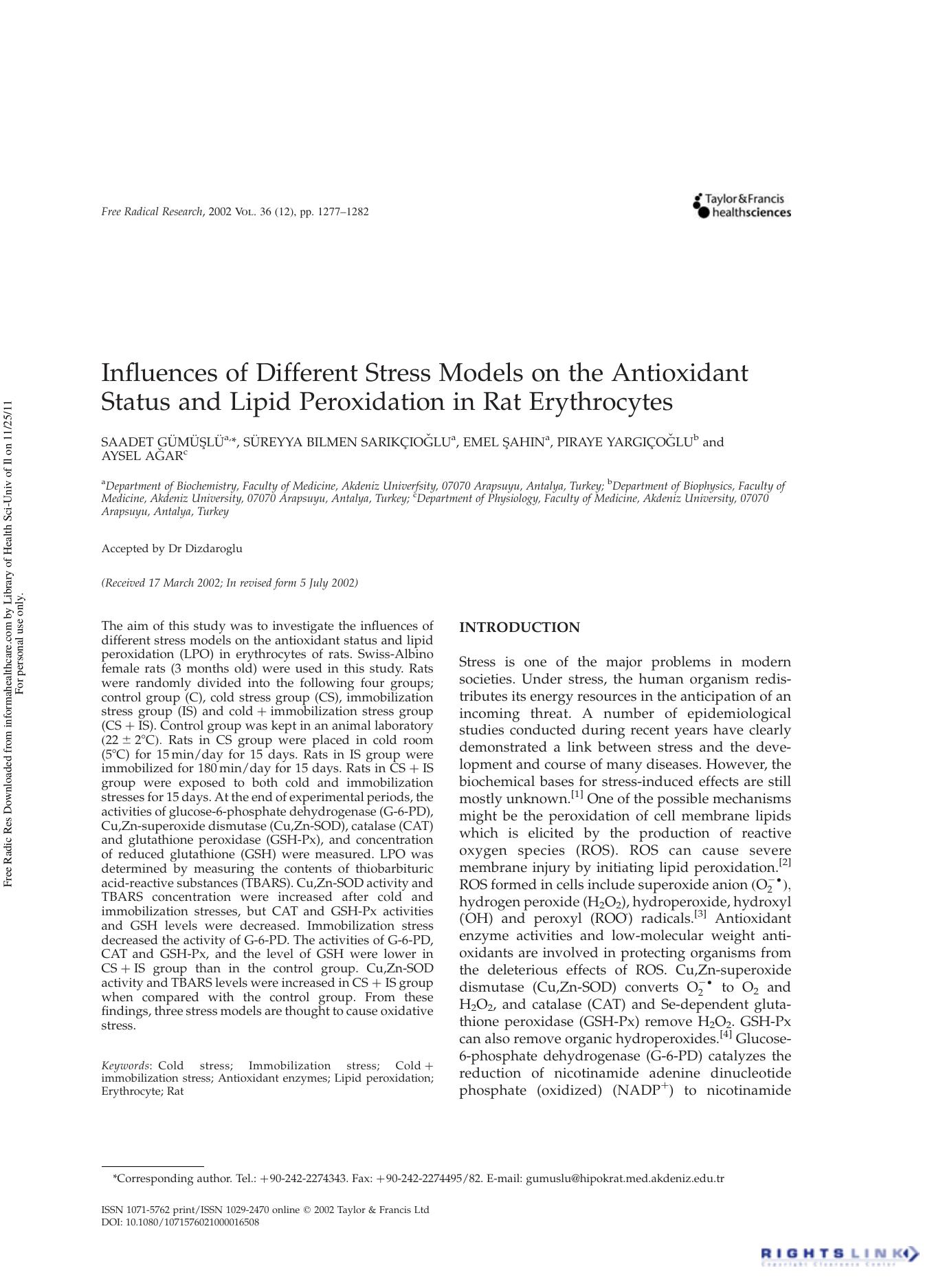 Influences of Different Stress Models on the Antioxidant Status and Lipid Peroxidation in Rat Erythrocytes by unknow