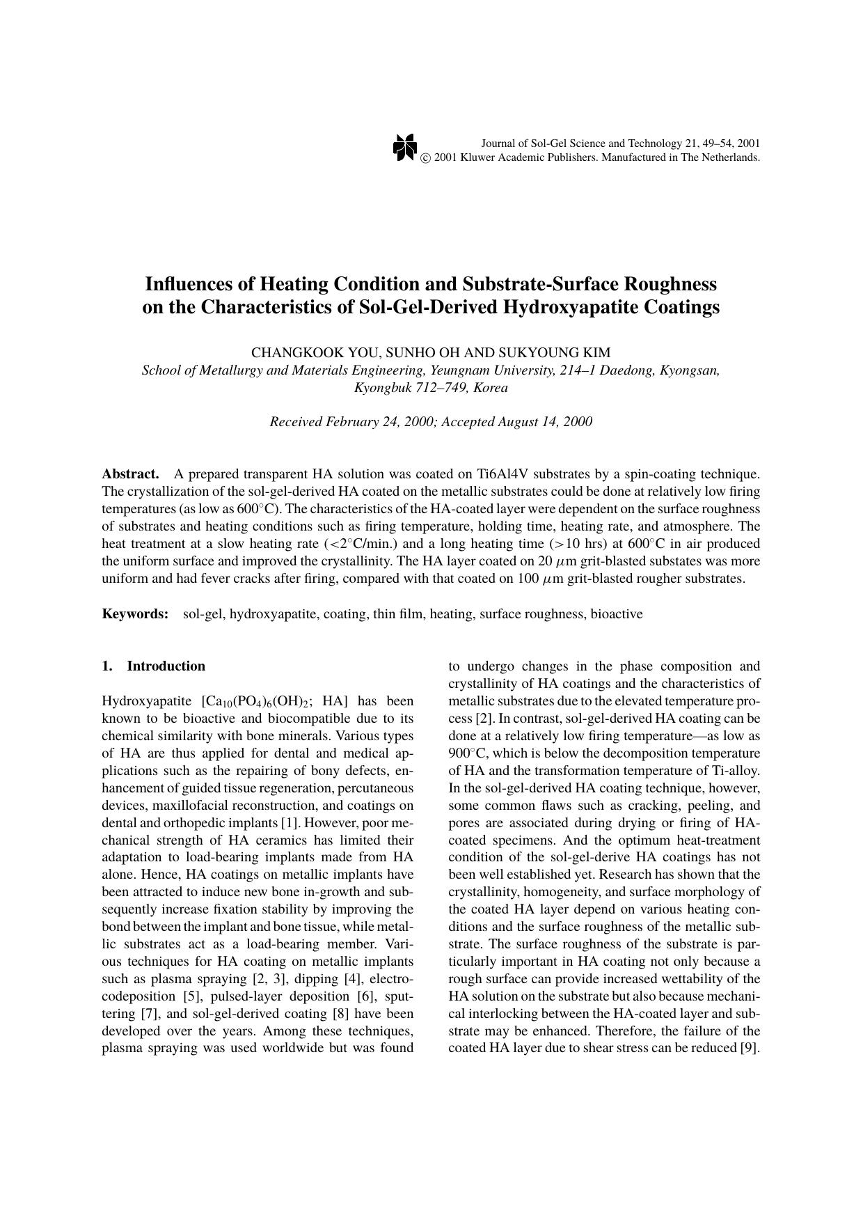 Influences of Heating Condition and Substrate-Surface Roughness on the Characteristics of Sol-Gel-Derived Hydroxyapatite Coatings by Unknown