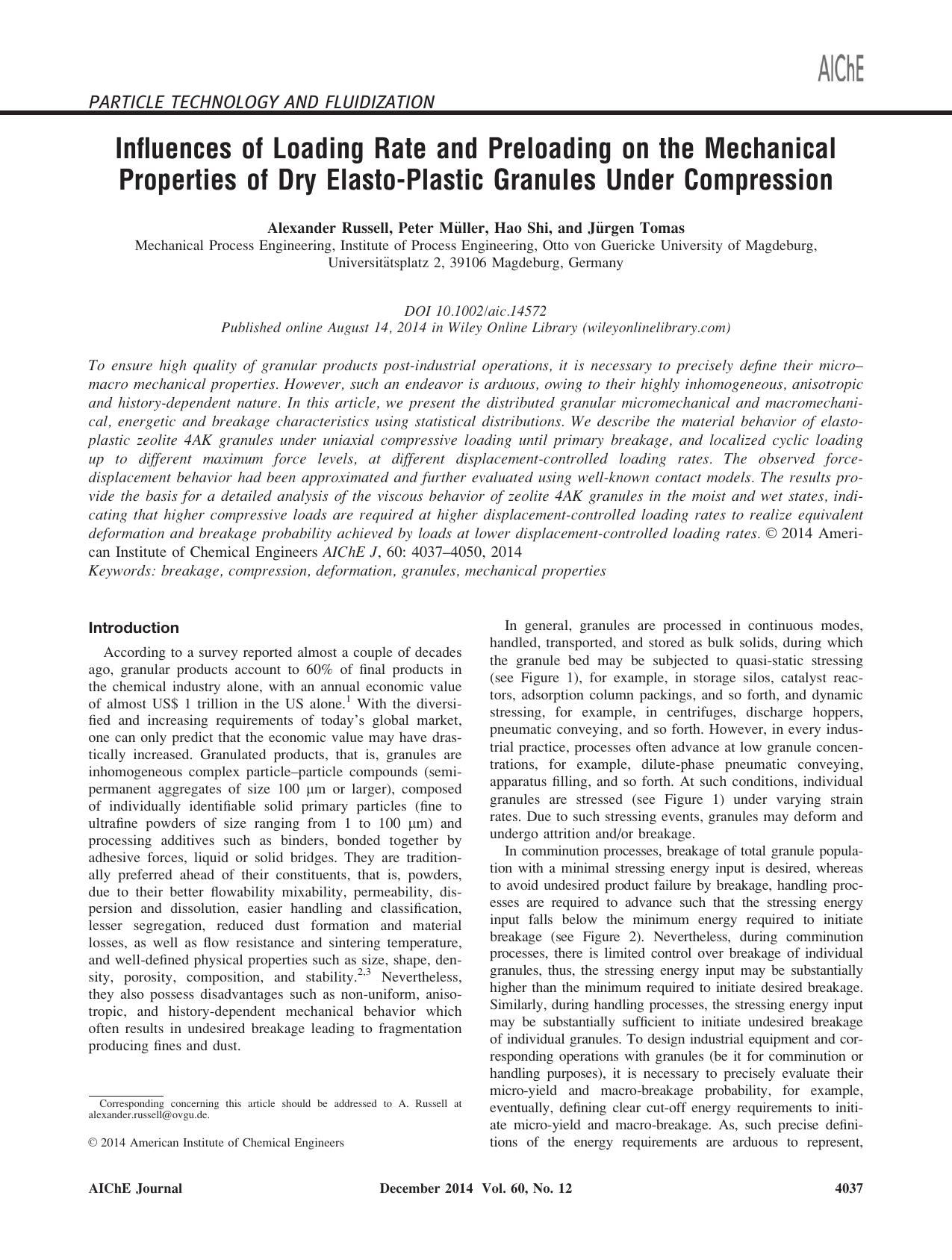 Influences of Loading Rate and Preloading on the Mechanical Properties of Dry Elasto&#x0002D;Plastic Granules Under Compression by Unknown