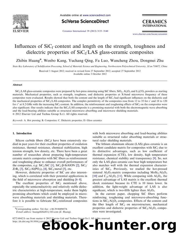 Influences of SiCf content and length on the strength, toughness and dielectric properties of SiCfLAS glass-ceramic composites by Zhibin Huang & Wenbo Kang & Yuchang Qing & Fa Luo & Wancheng Zhou & Dongmei Zhu