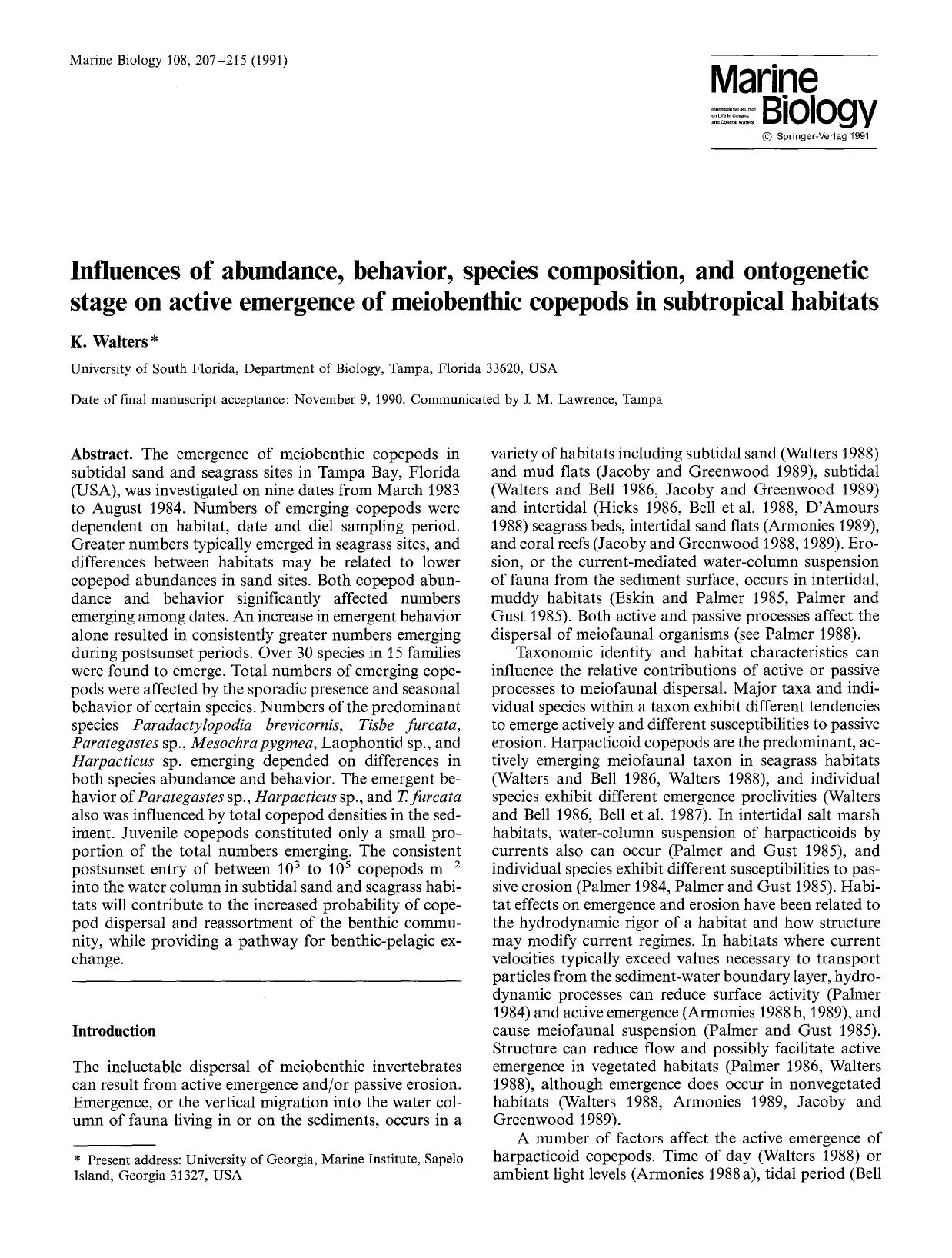 Influences of abundance, behavior, species composition, and ontogenetic stage on active emergence of meiobenthic copepods in subtropical habitats by Unknown