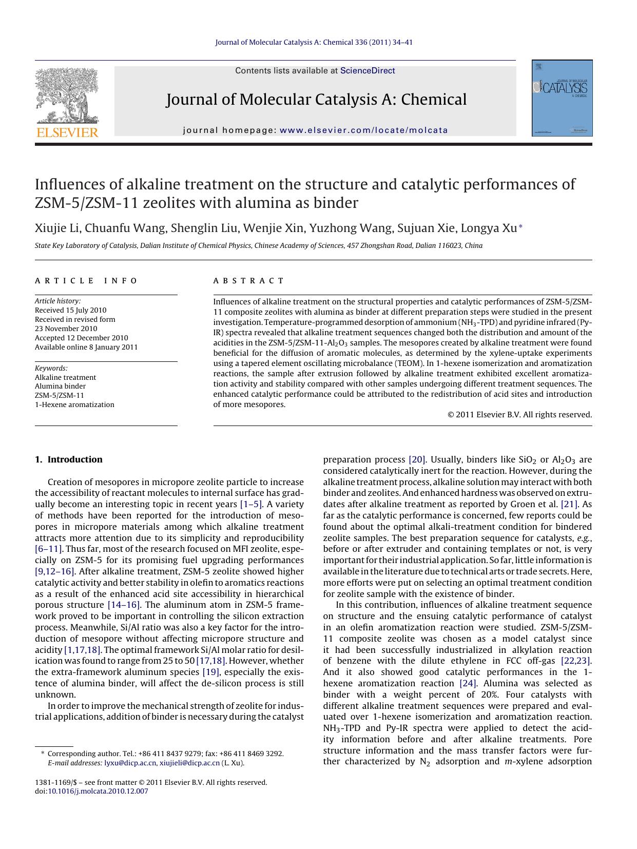 Influences of alkaline treatment on the structure and catalytic performances of ZSM-5ZSM-11 zeolites with alumina as binder by Xiujie Li