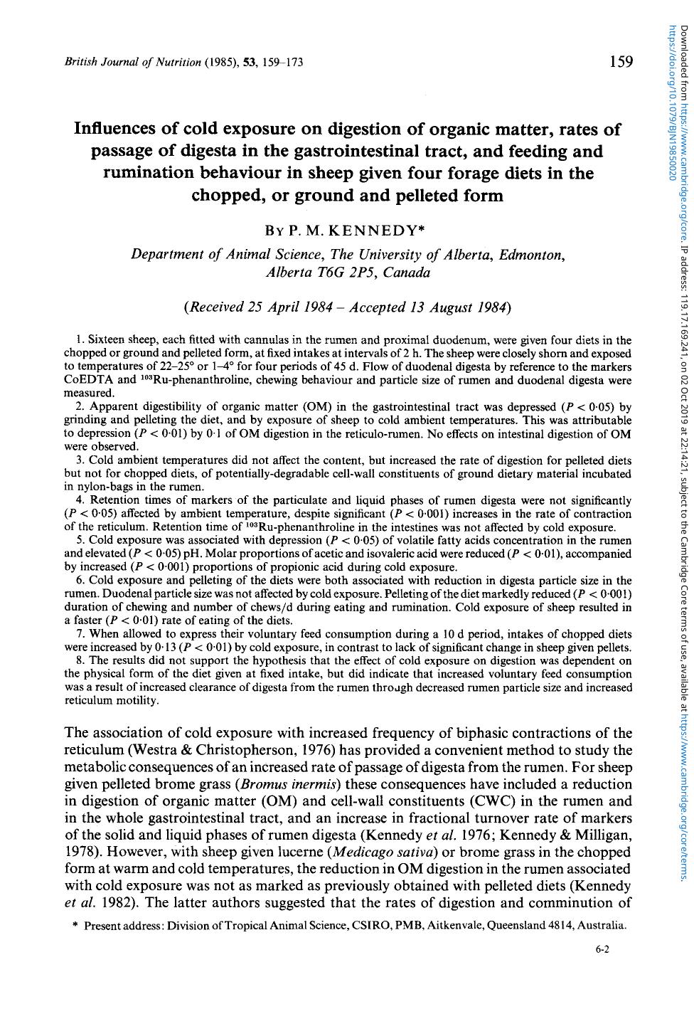 Influences of cold exposure on digestion of organic matter, rates of passage of digesta in the gastrointestinal tract, and feeding and rumination behaviour in sheep given four fora by P. M. Kennedy