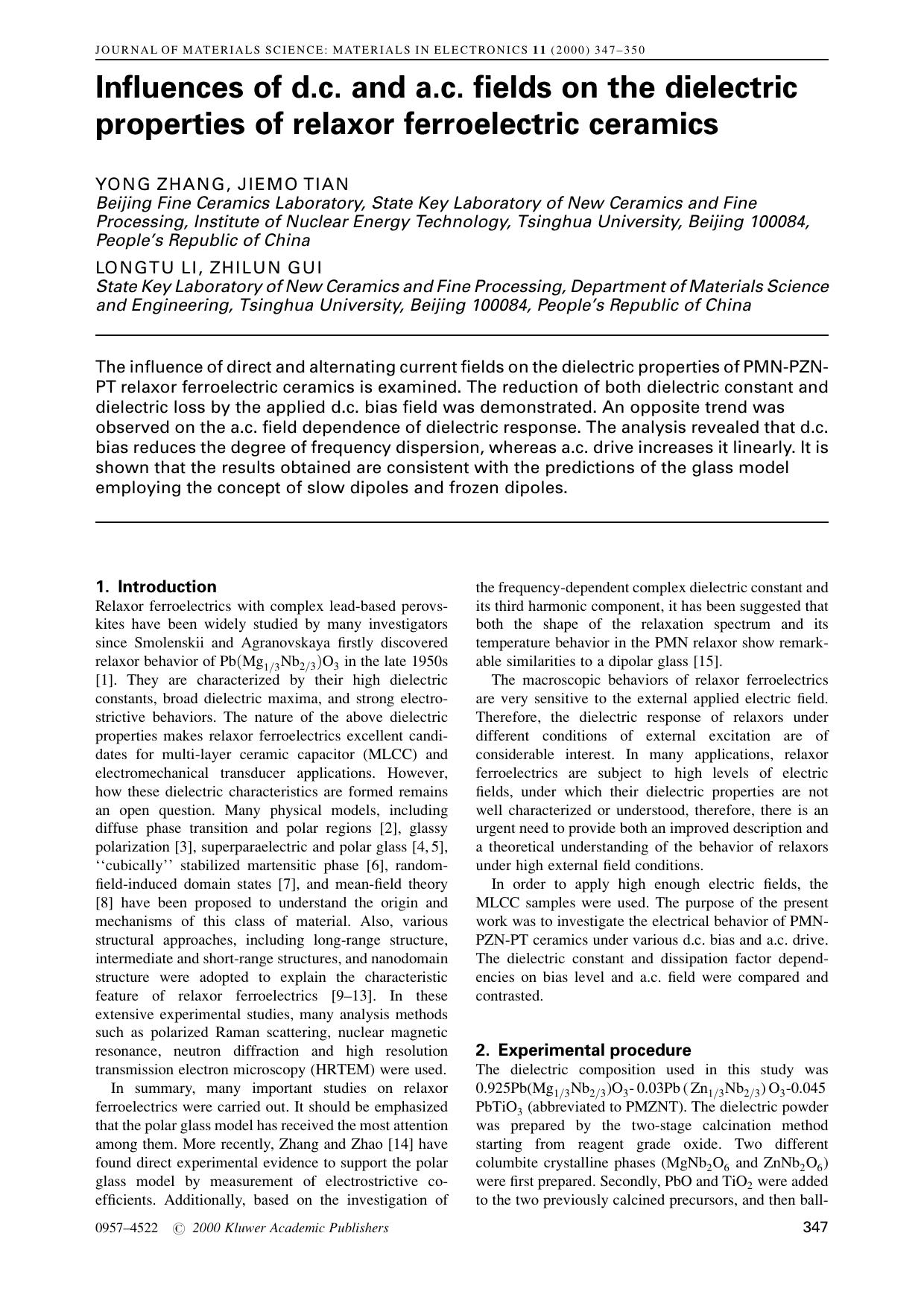 Influences of d.c. and a.c. fields on the dielectric properties of relaxor ferroelectric ceramics by Unknown