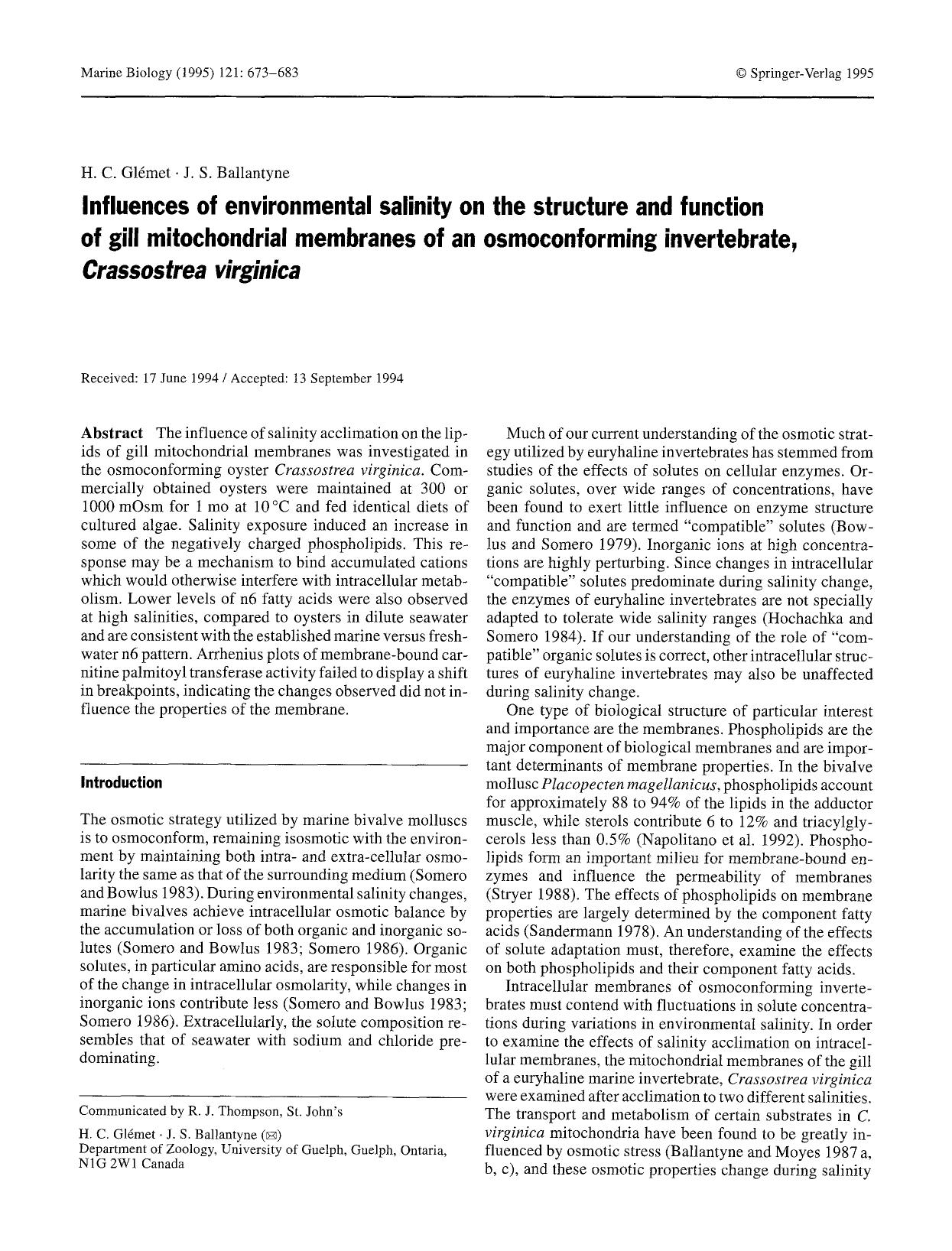 Influences of environmental salinity on the structure and function of gill mitochondrial membranes of an osmoconforming invertebrate, <Emphasis Type="Italic">Crassostrea virginica<Emphasis> by Unknown