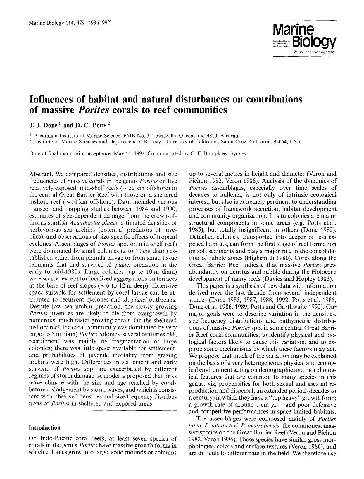 Influences of habitat and natural disturbances on contributions of massive <Emphasis Type="Italic">Porites<Emphasis> corals to reef communities by Unknown
