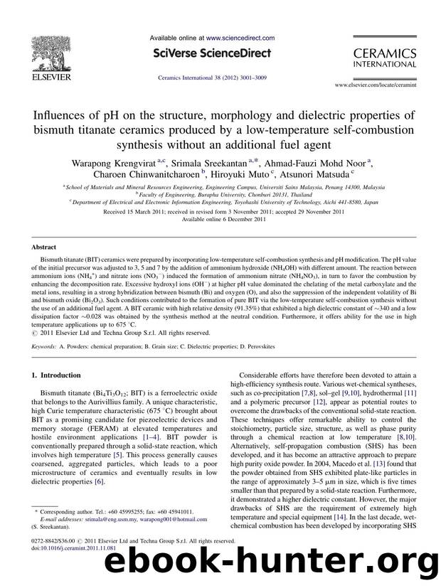 Influences of pH on the structure, morphology and dielectric properties of bismuth titanate ceramics produced by a low-temperature self-combustion synthesis without an additional fuel agent by Warapong Krengvirat