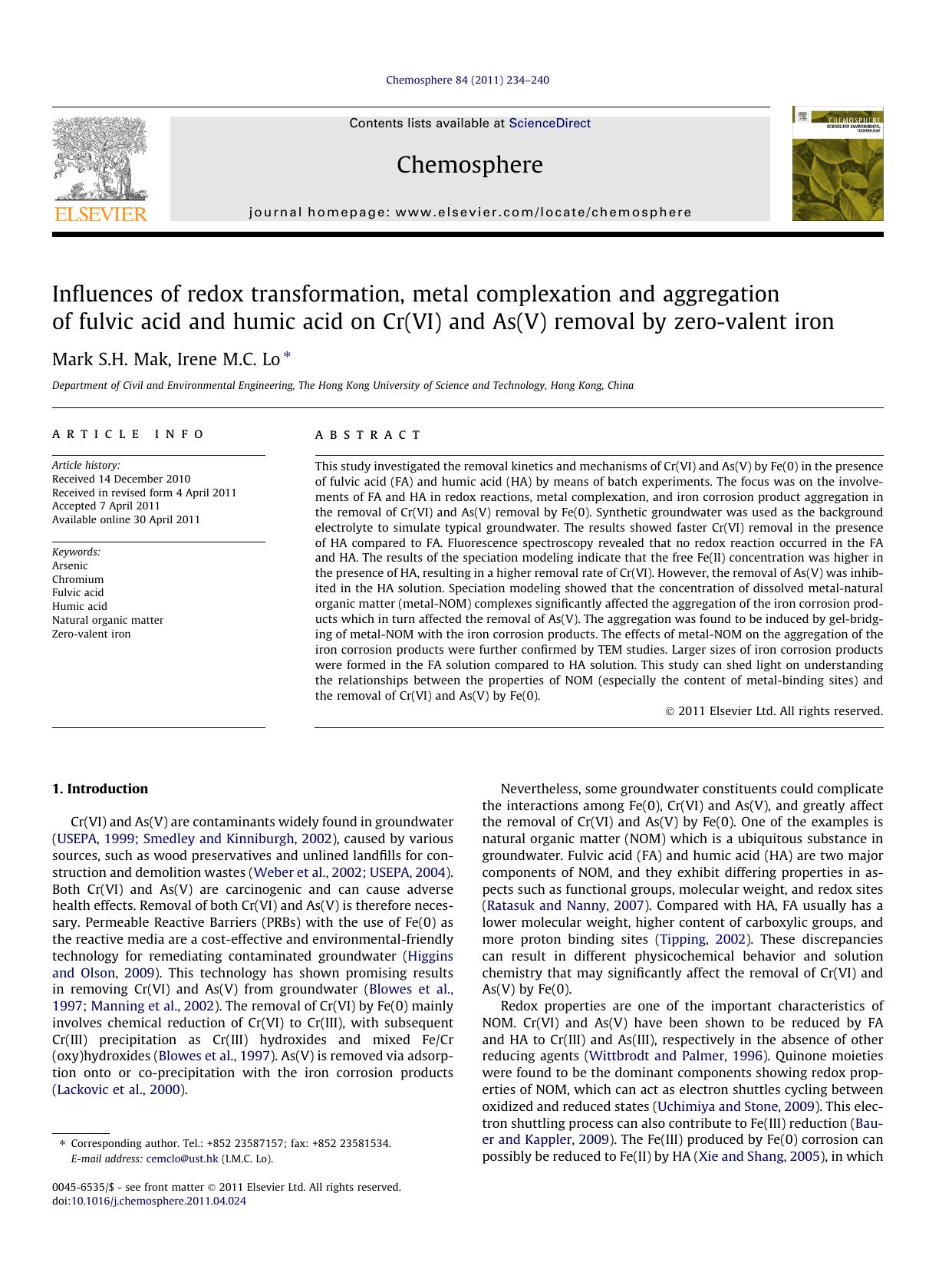 Influences of redox transformation, metal complexation and aggregation of fulvic acid and humic acid on Cr(VI) and As(V) removal by zero-valent iron by Mark S.H. Mak & Irene M.C. Lo