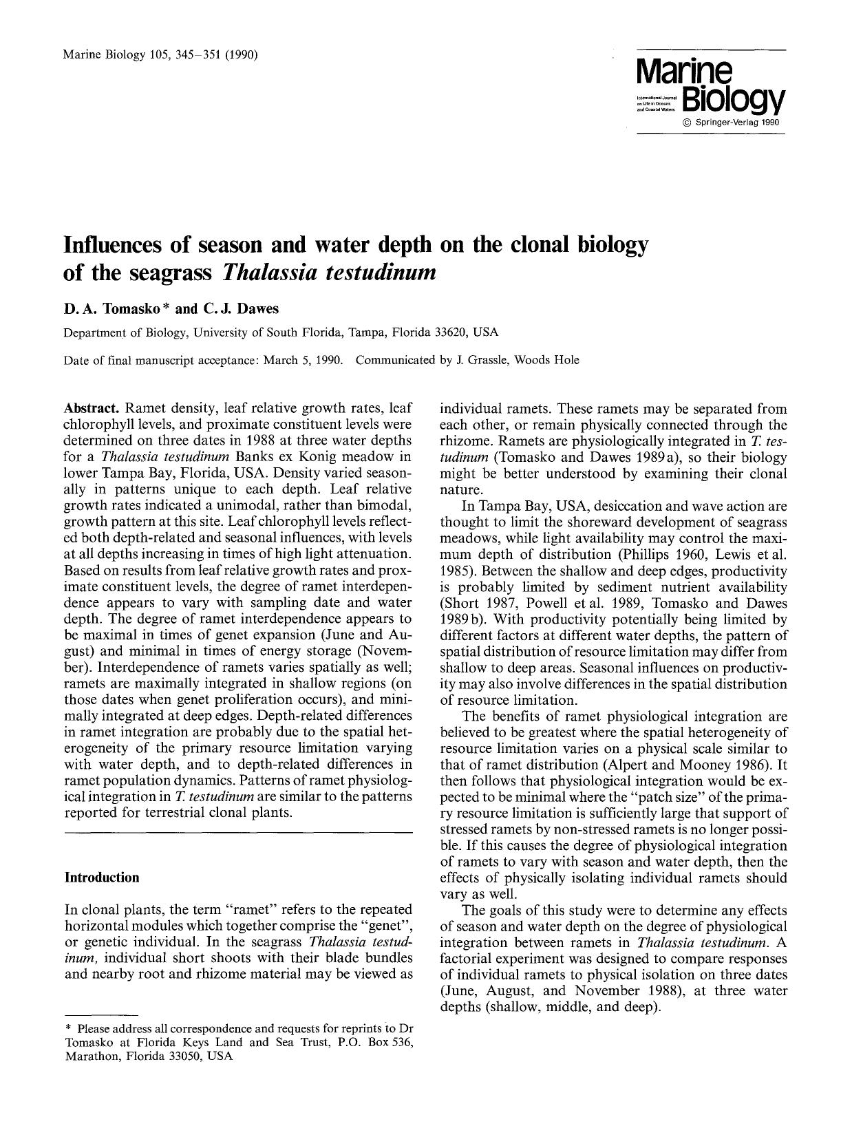 Influences of season and water depth on the clonal biology of the seagrass <Emphasis Type="Italic">Thalassia testudinum <Emphasis> by Unknown