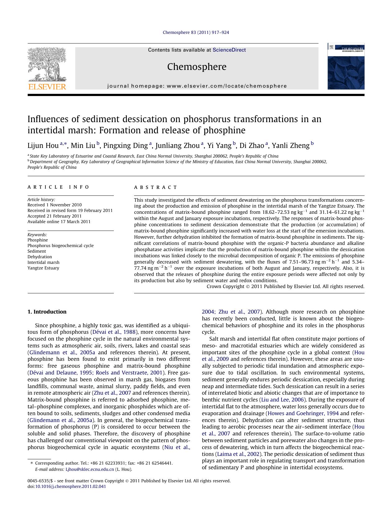 Influences of sediment dessication on phosphorus transformations in an intertidal marsh: Formation and release of phosphine by Lijun Hou & Min Liu & Pingxing Ding & Junliang Zhou & Yi Yang & Di Zhao & Yanli Zheng