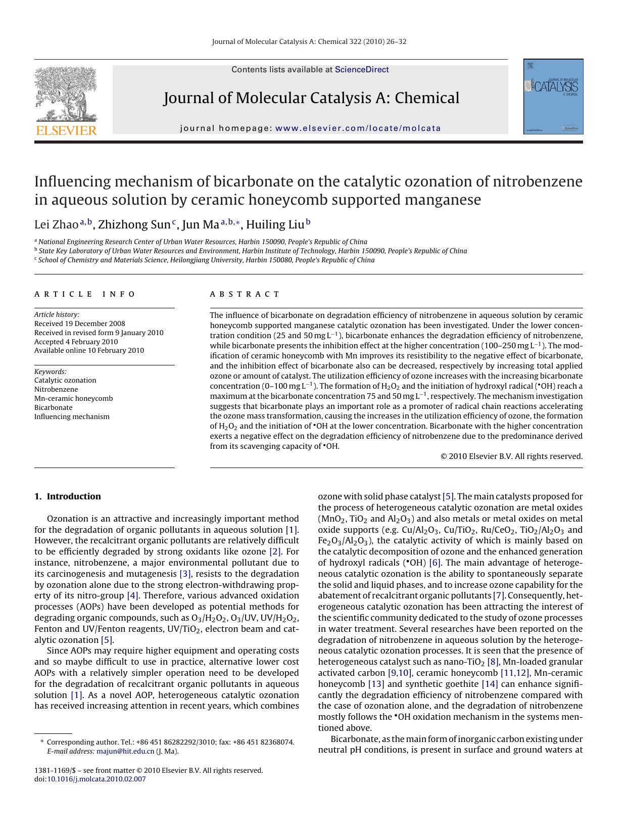 Influencing mechanism of bicarbonate on the catalytic ozonation of nitrobenzene in aqueous solution by ceramic honeycomb supported manganese by Lei Zhao; Zhizhong Sun; Jun Ma; Huiling Liu