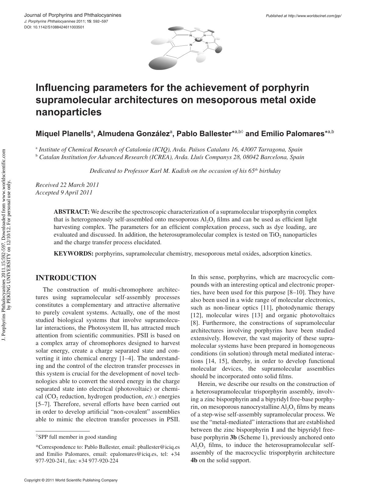 Influencing parameters for the achievement of porphyrin supramolecular architectures on mesoporous metal oxide nanoparticles by Miquel Planells Almudena González Pablo Ballester & Emilio Palomares