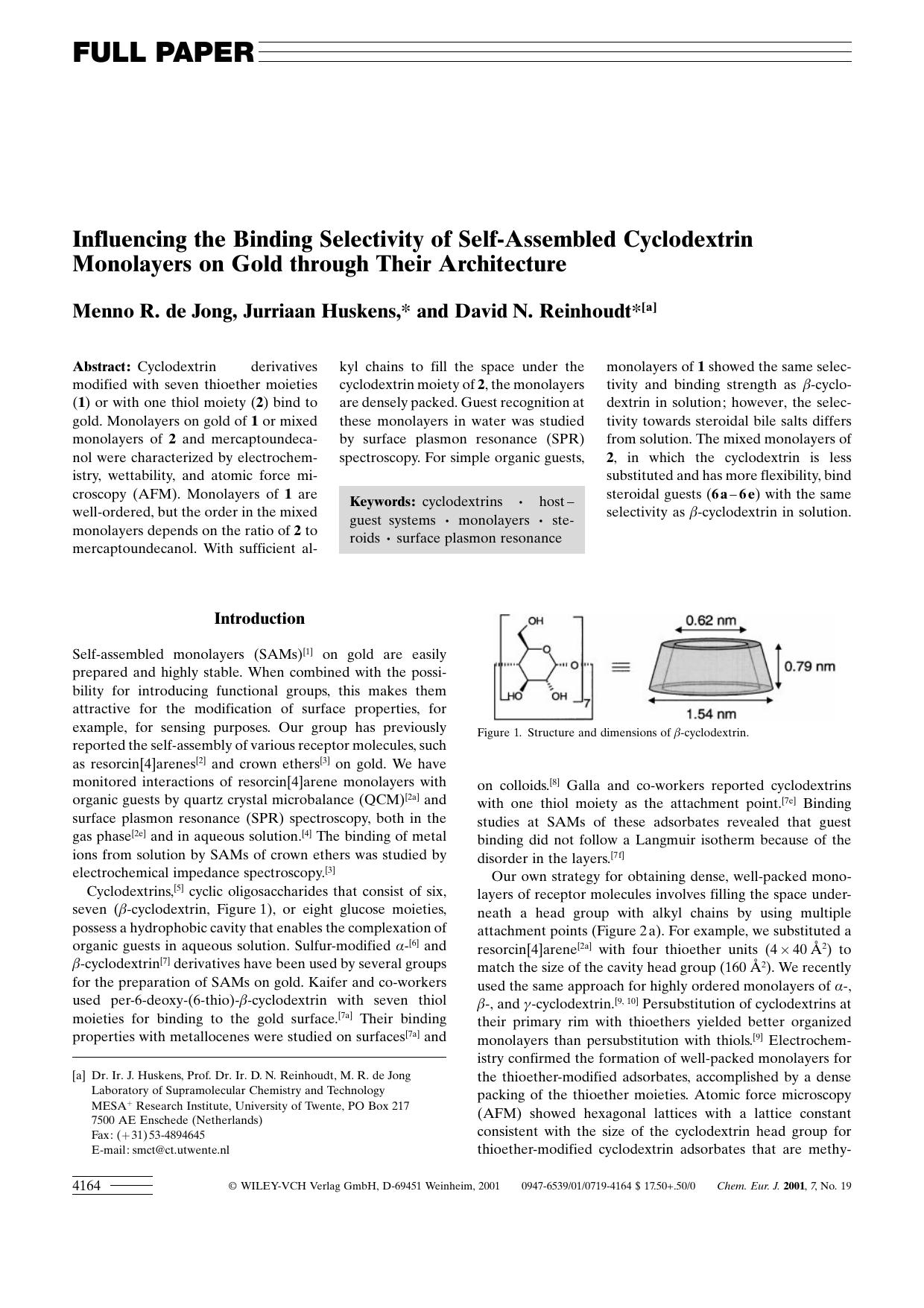 Influencing the Binding Selectivity of Self-Assembled Cyclodextrin Monolayers on Gold through Their Architecture by Unknown