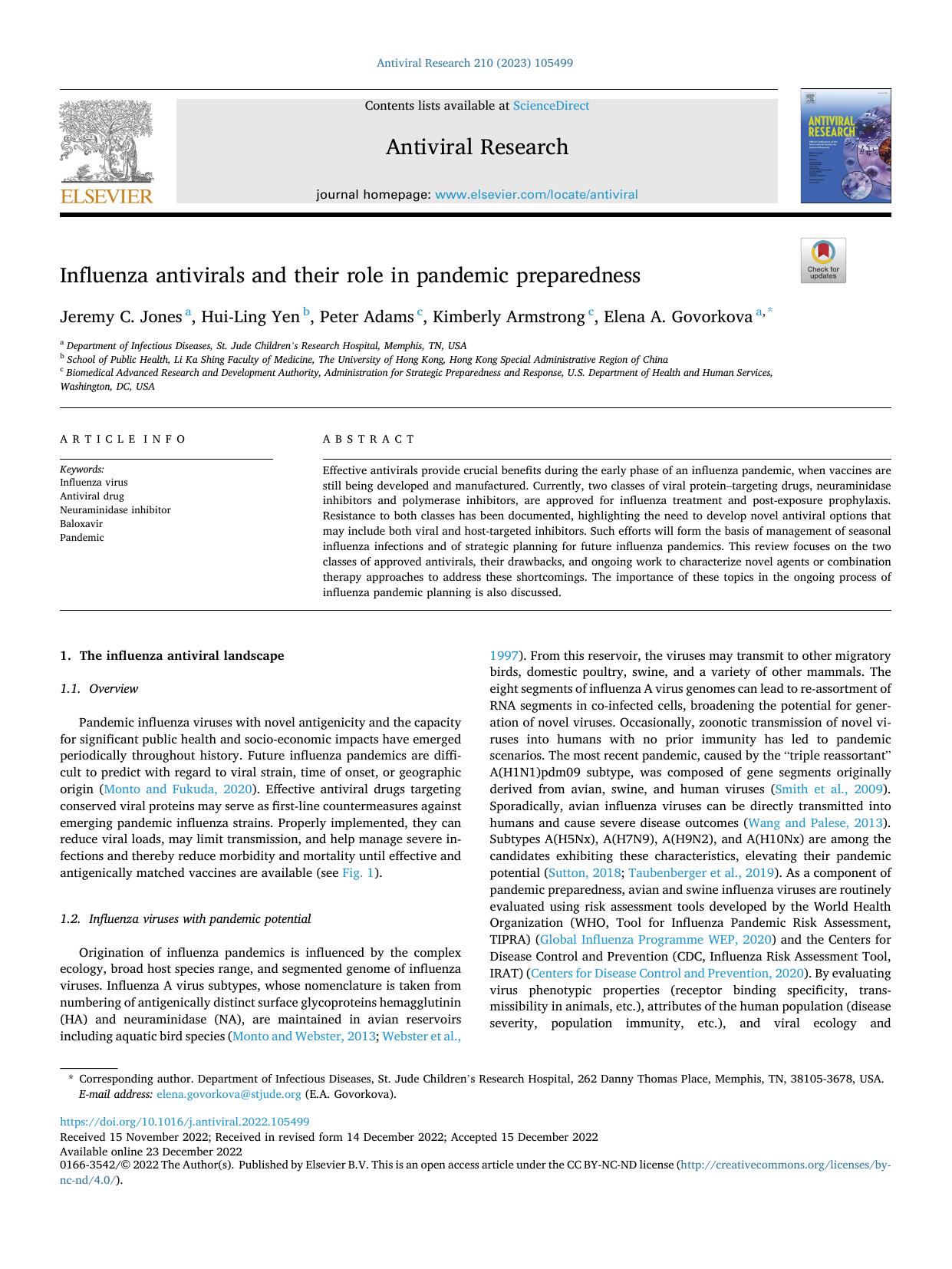 Influenza antivirals and their role in pandemic preparedness by Jeremy C. Jones & Hui-Ling Yen & Peter Adams & Kimberly Armstrong & Elena A. Govorkova