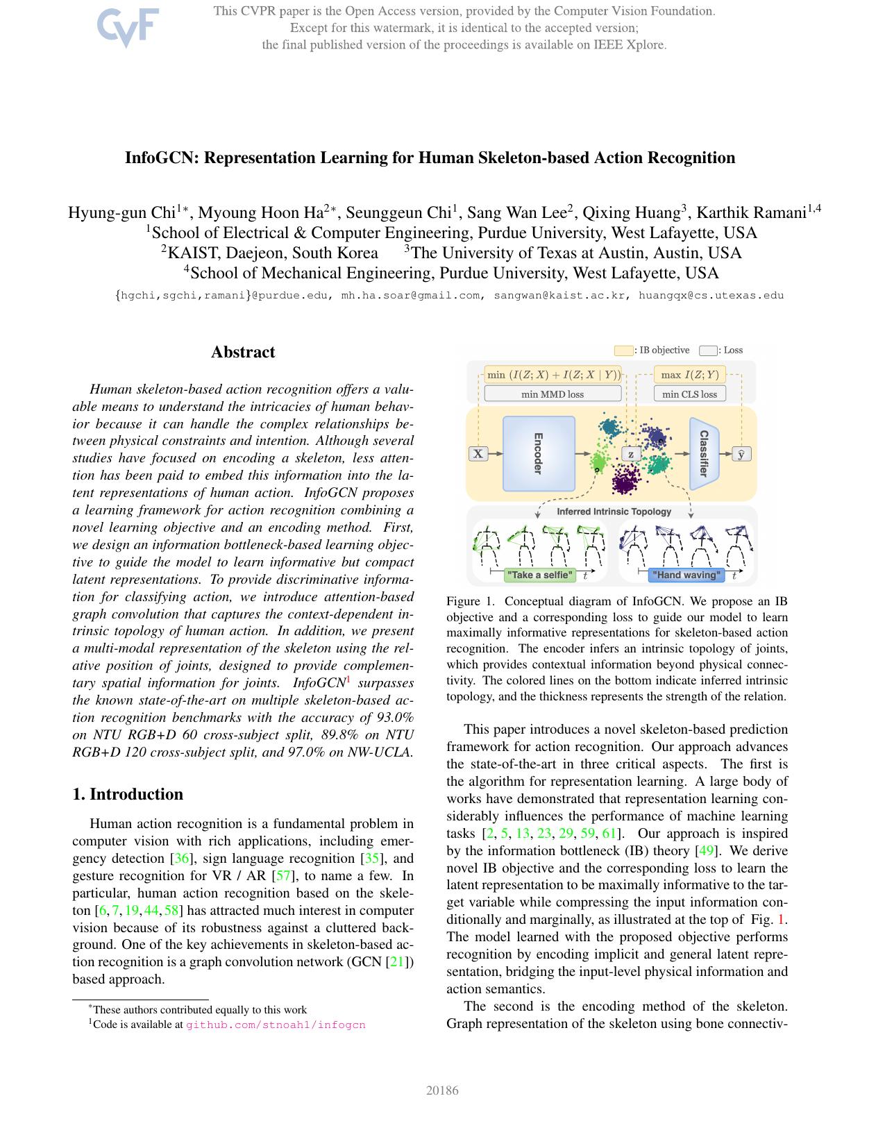 InfoGCN: Representation Learning for Human Skeleton-Based Action Recognition by Hyung-gun Chi & Myoung Hoon Ha & Seunggeun Chi & Sang Wan Lee & Qixing Huang & Karthik Ramani
