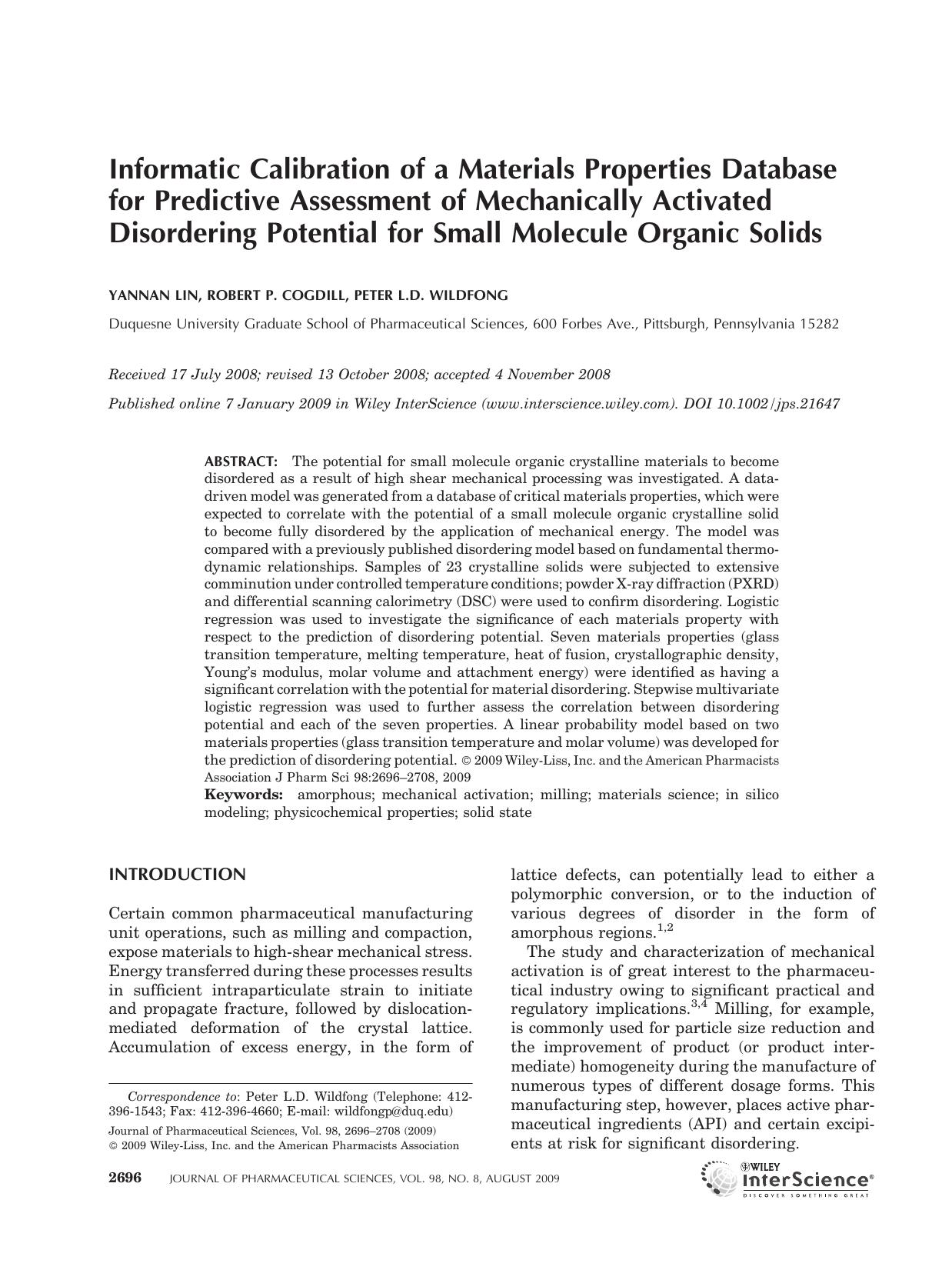 Informatic calibration of a materials properties database for predictive assessment of mechanically activated disordering potential for small molecule organic solids by Unknown