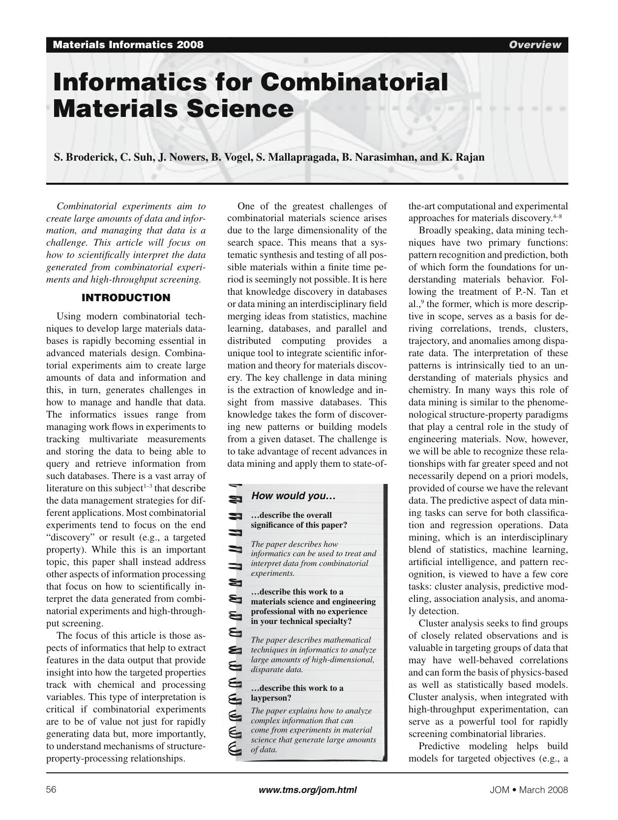 Informatics for combinatorial materials science by Unknown
