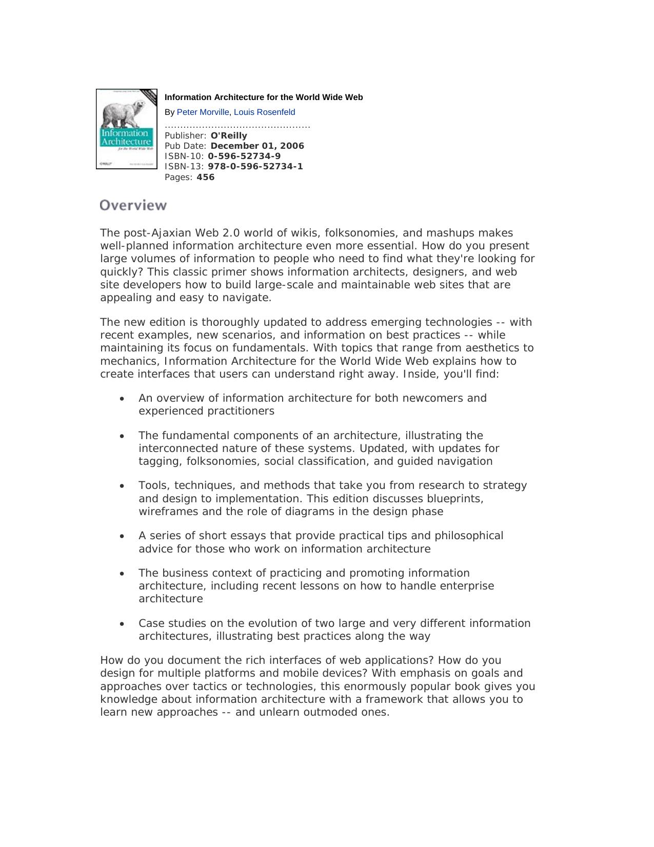 Information Architecture for the World Wide Web: Designing Large-Scale Web Sites by Peter Morville Louis Rosenfeld