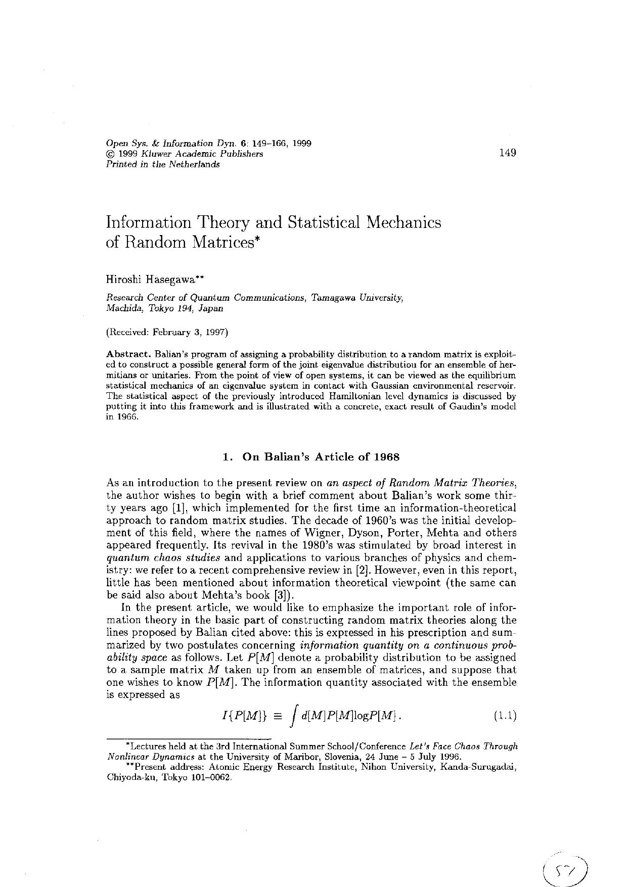 Information Theory and Statistical Mechanics of Random Matrices by Unknown