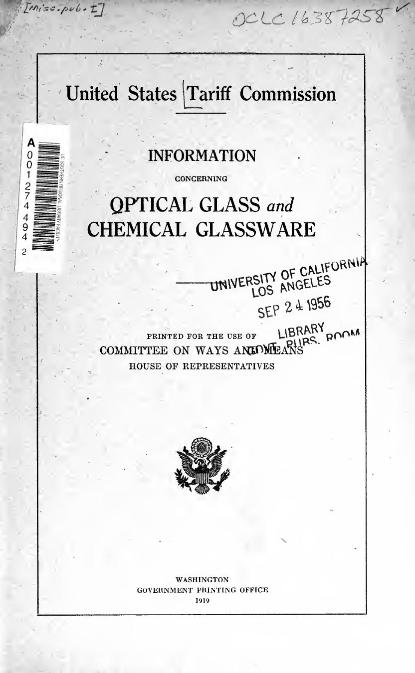 Information concerning optical glass and chemical glassware by United States Tariff Commission