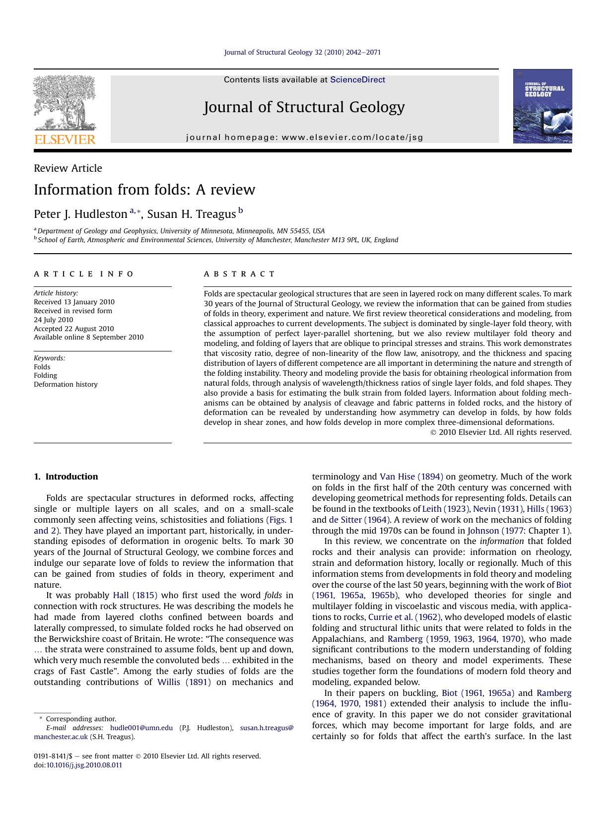 Information from folds: A review by Peter J. Hudleston & Susan H. Treagus