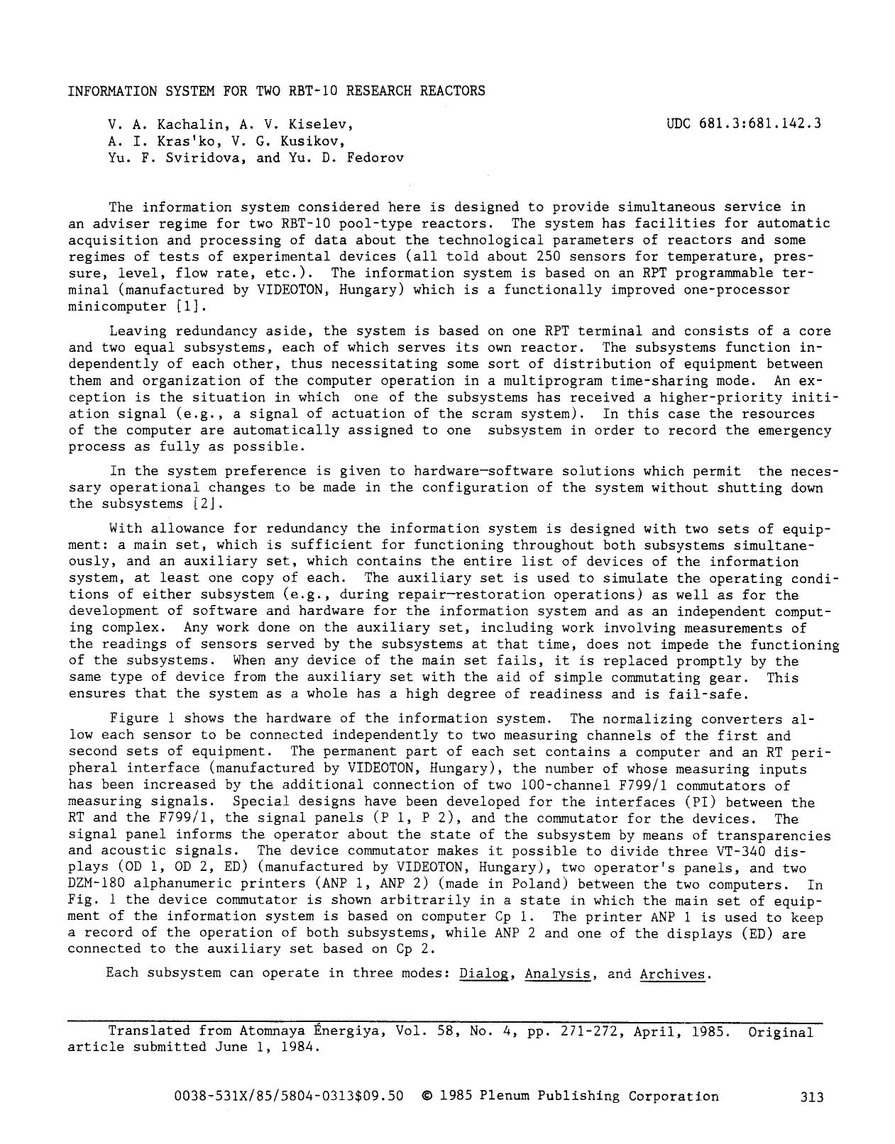 Information system for two RBT-10 research reactors by Unknown