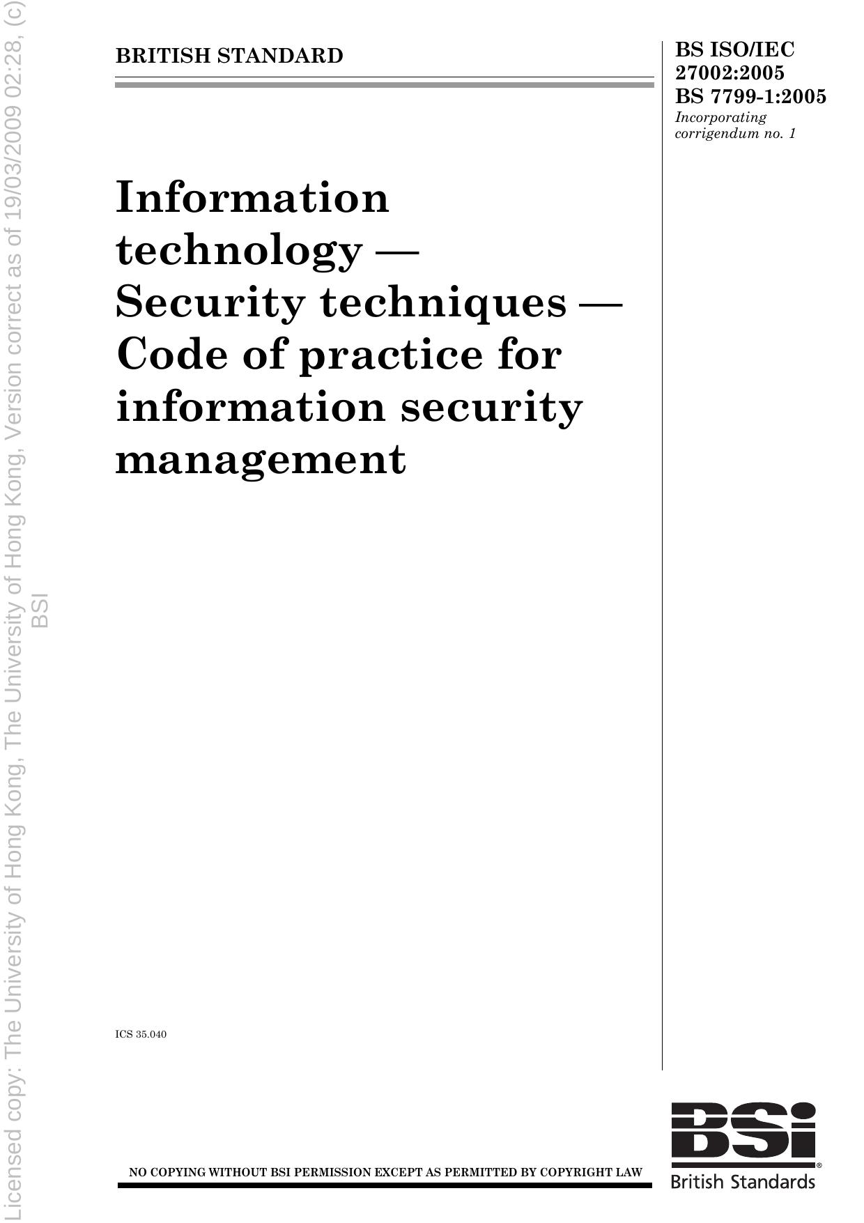 Information technology. Security techniques. Code of practice for information security management by BSI