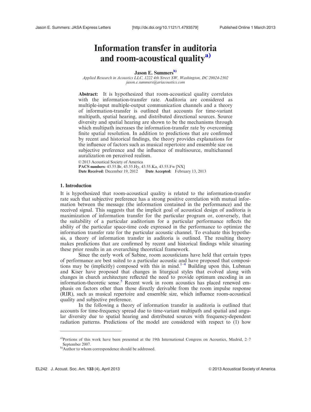 Information transfer in auditoria and room-acoustical qualitya) by Jason E. Summersb)