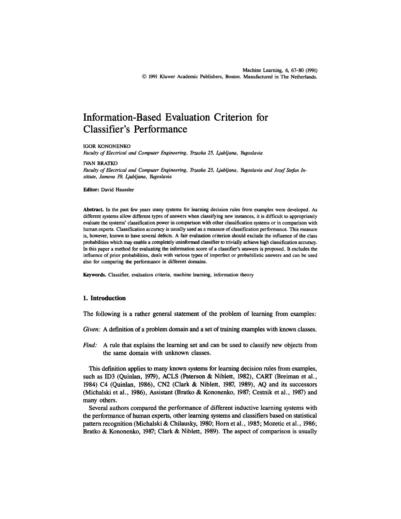 Information-Based Evaluation Criterion for Classifier's Performance by Information-Based Evaluation Criterion for Classifier's Performance