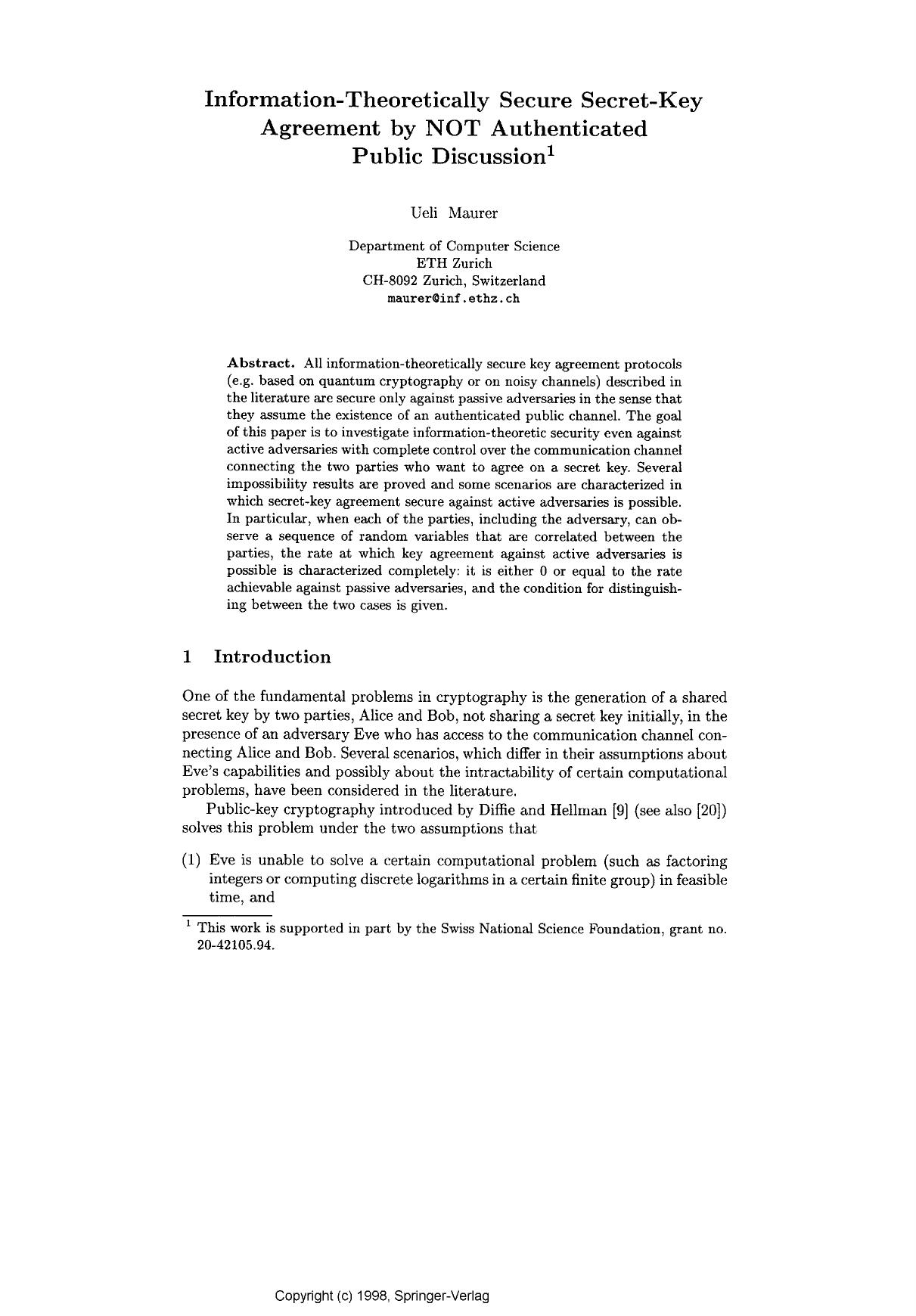 Information-Theoretically Secure Secret-Key Agreement by NOT Authenticated Public Discussion by Maurer U. M