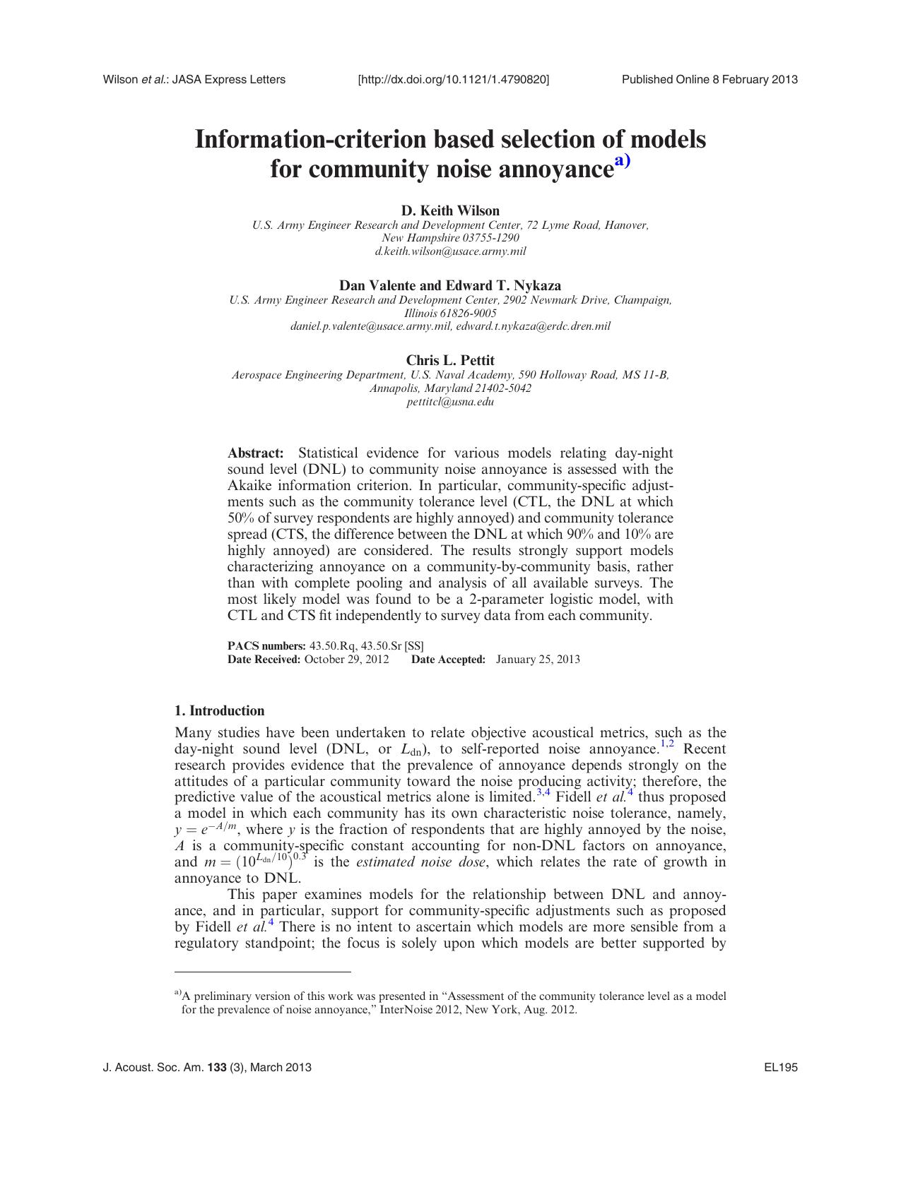 Information-criterion based selection of models for community noise annoyancea) by D. Keith Wilson Dan Valente Edward T. Nykaza and Chris L. Pettit