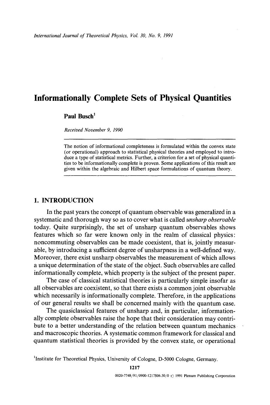 Informationally complete sets of physical quantities by Unknown
