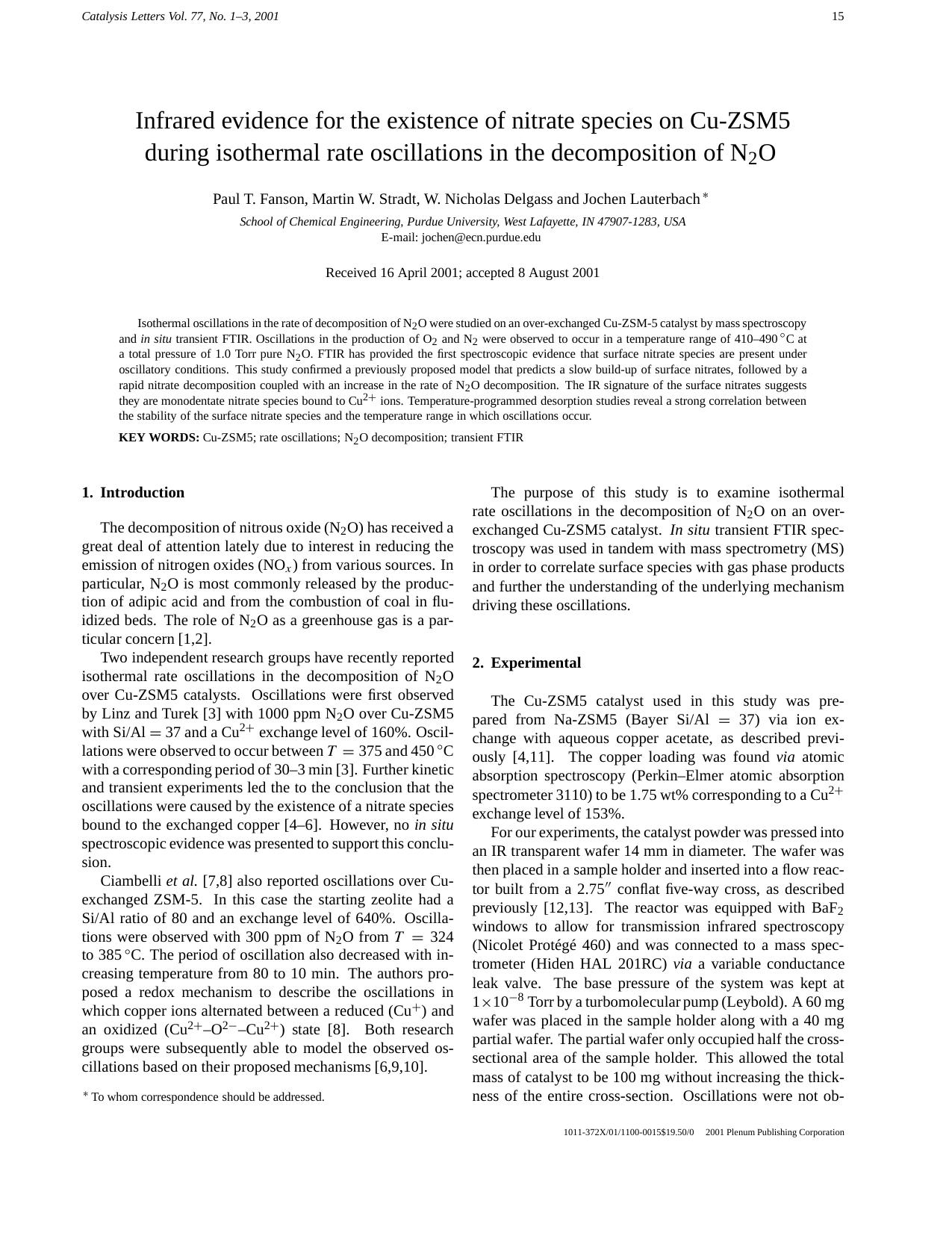 Infrared Evidence for the Existence of Nitrate Species on Cu-ZSM5 During Isothermal Rate Oscillations in the Decomposition of N2O by Unknown