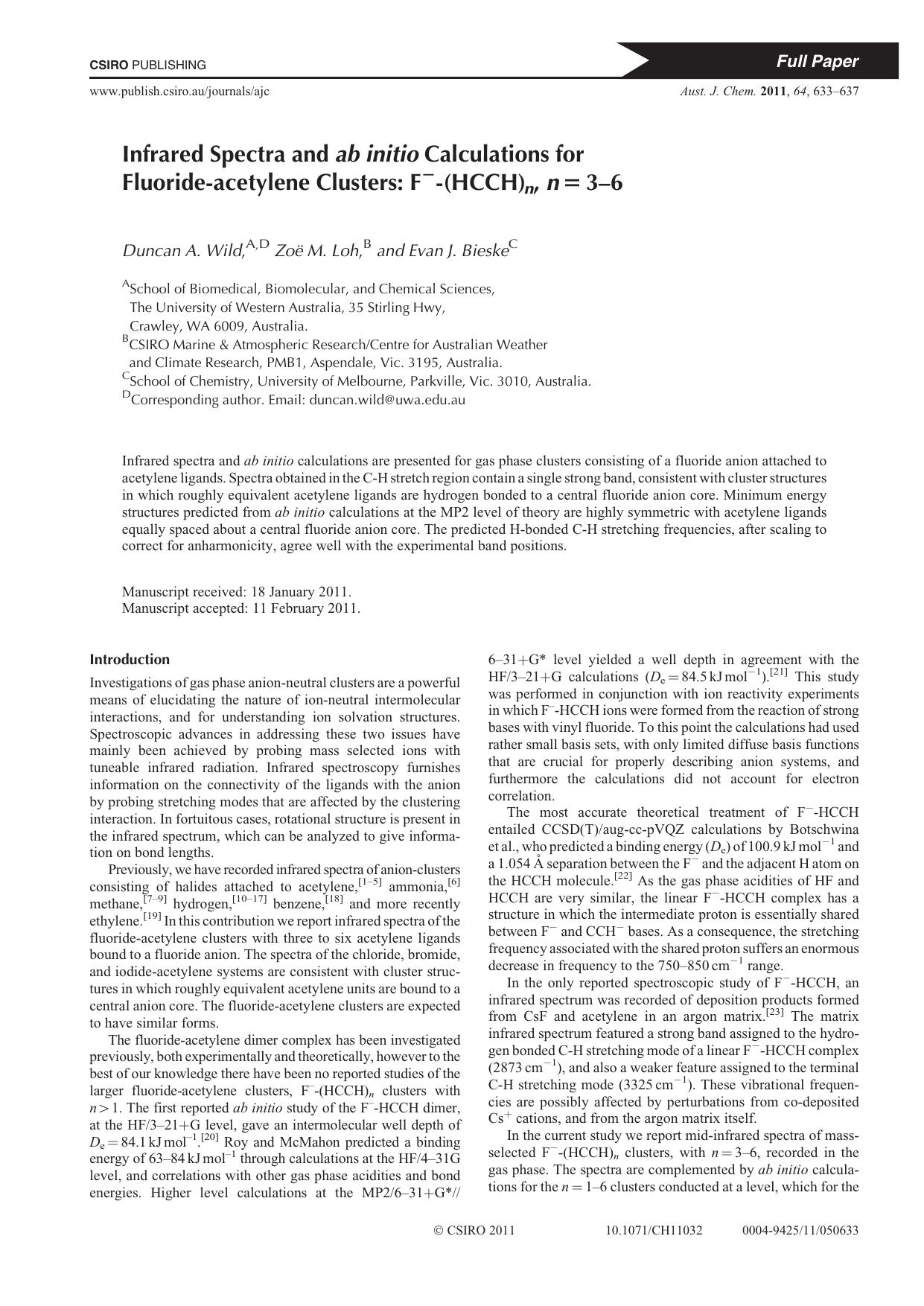 Infrared Spectra and ab initio Calculations for Fluoride-acetylene Clusters: F--(HCCH)n, n&thinsp;=&thinsp;3-6 by D. A. Wild Z. M. Loh and E. J. Bieske