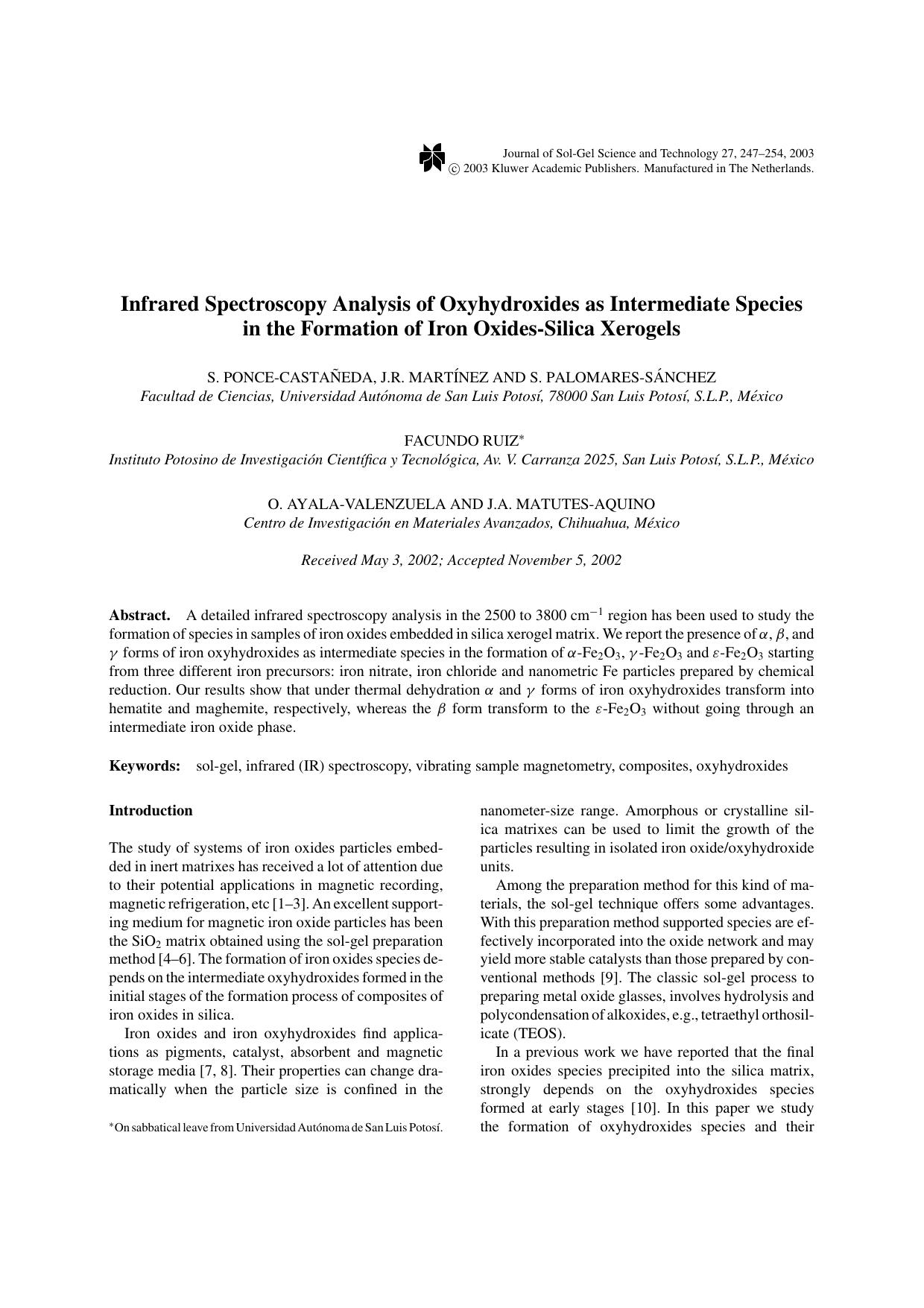Infrared Spectroscopy Analysis of Oxyhydroxides as Intermediate Species in the Formation of Iron Oxides-Silica Xerogels by Unknown