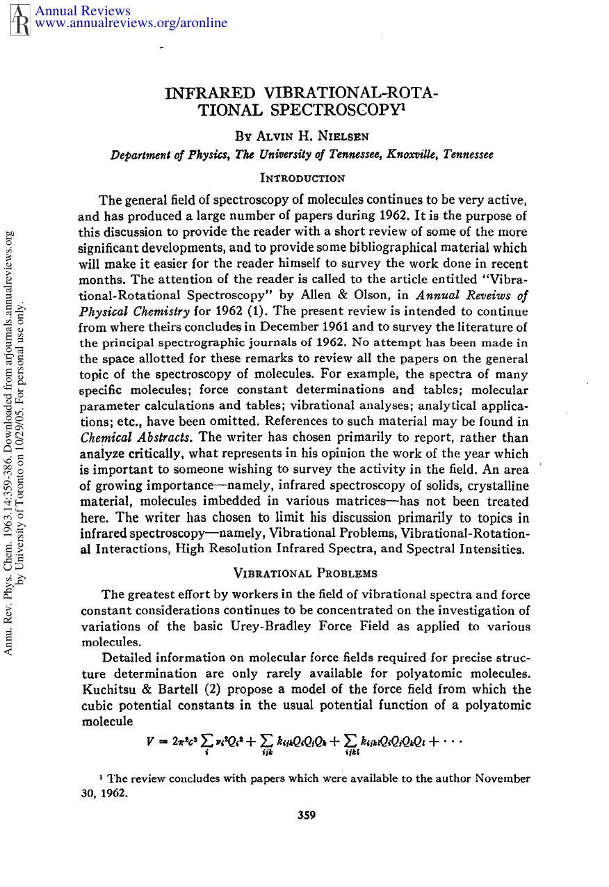 Infrared Vibrational-Rota-Tional Spectroscopy by A H Nielsen
