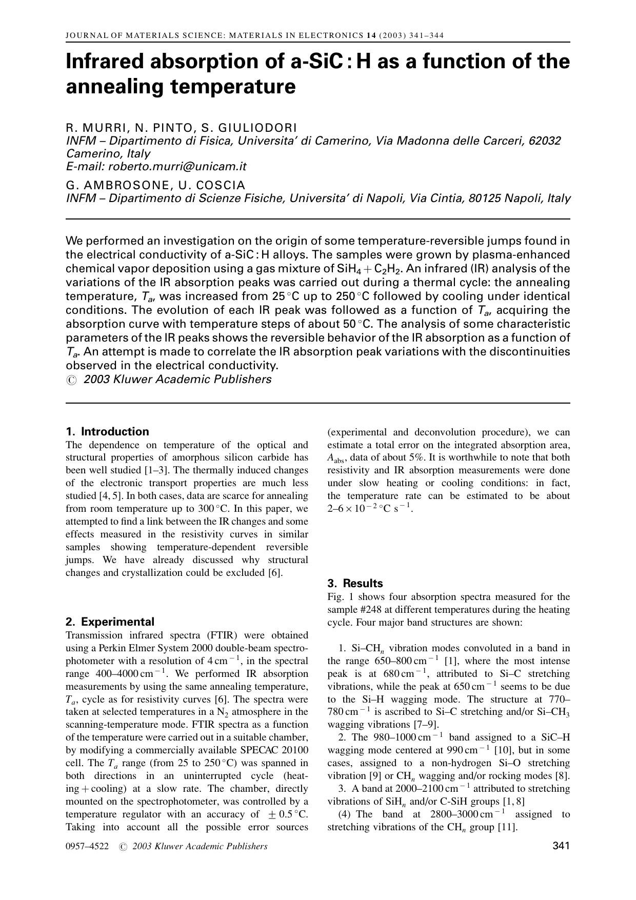 Infrared absorption of a-SiC : H as a function of the annealing temperature by Unknown