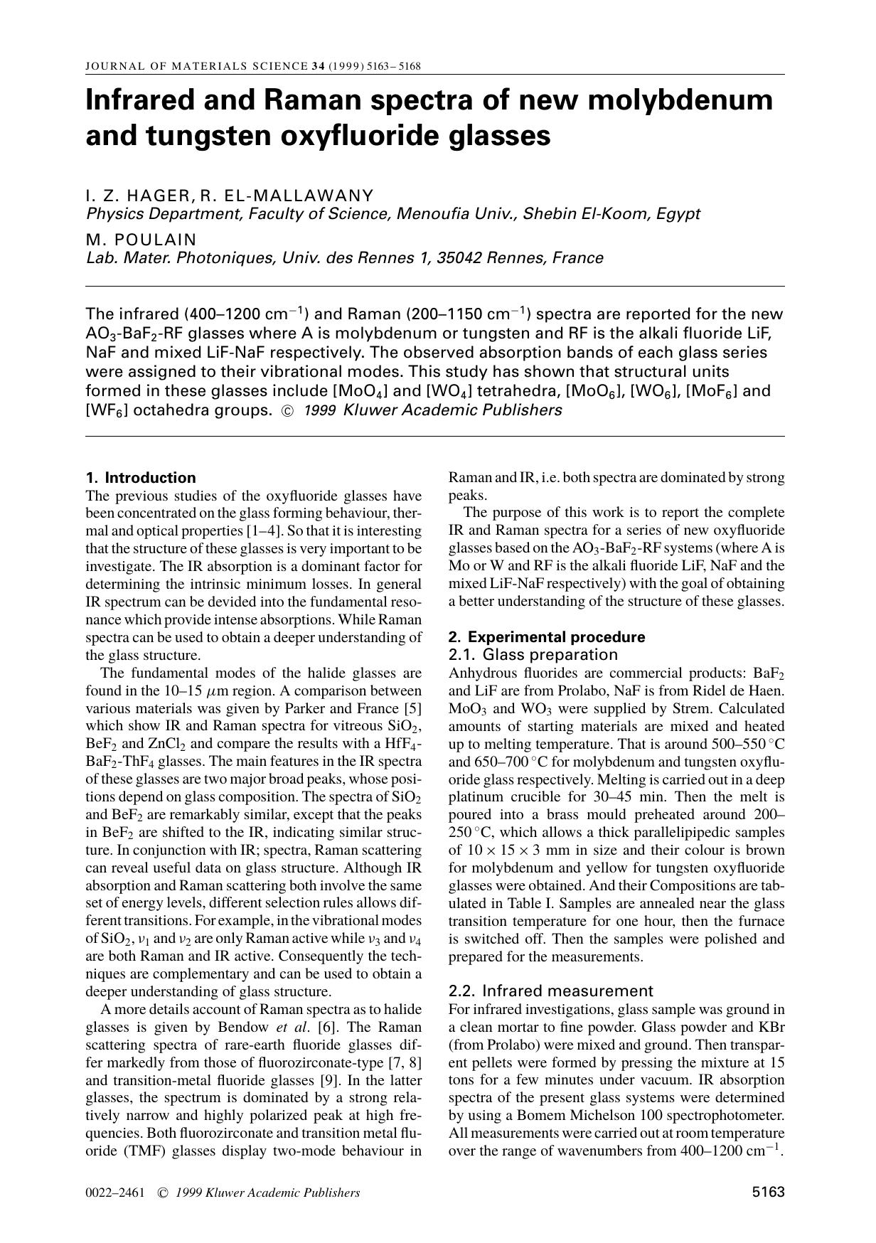Infrared and Raman spectra of new molybdenum and tungsten oxyfluoride glasses by Unknown