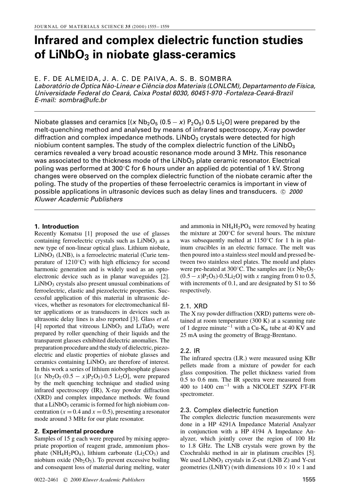 Infrared and complex dielectric function studies of LiNbO3 in niobate glass-ceramics by Unknown