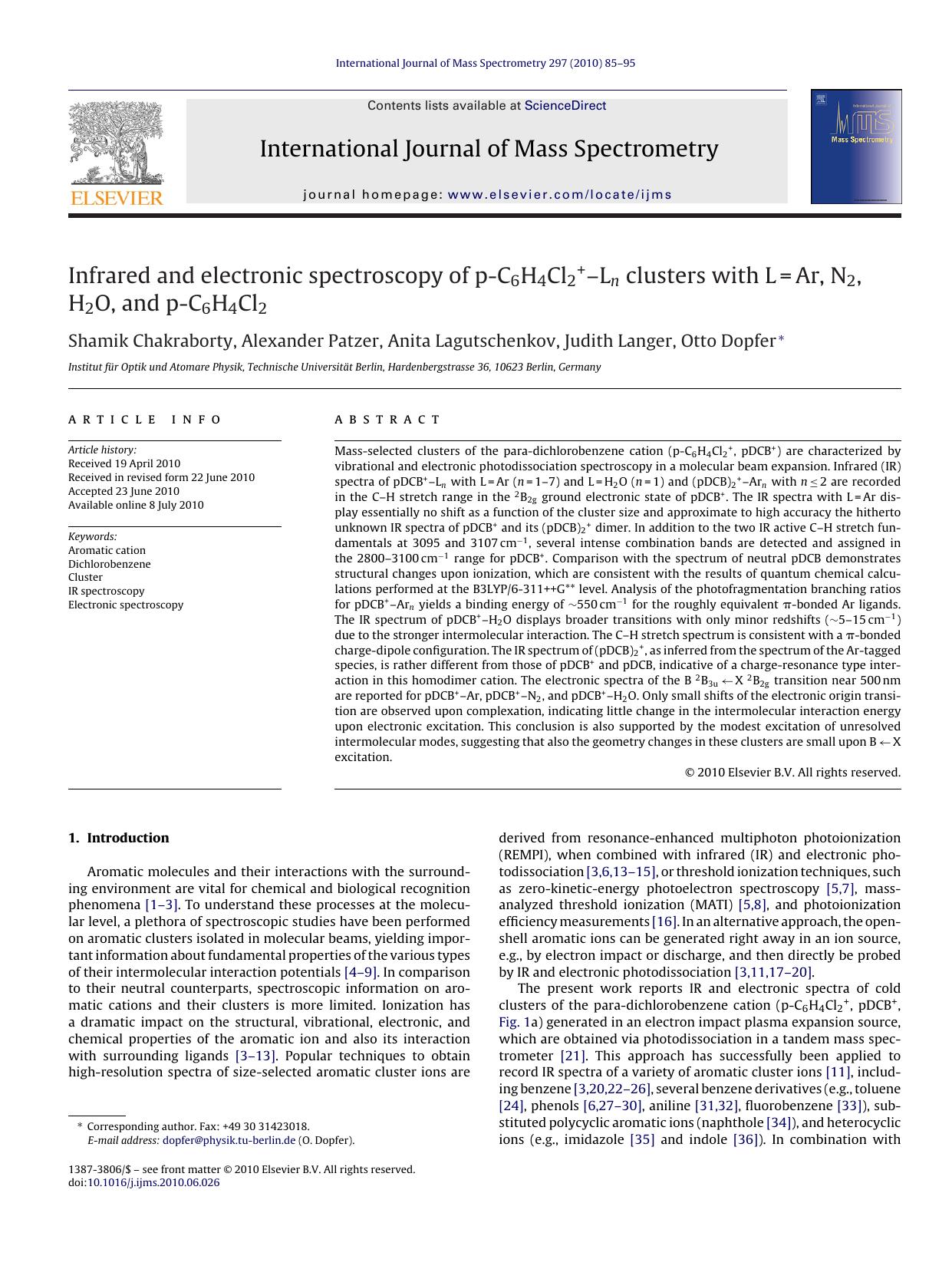 Infrared and electronic spectroscopy of p-C6H4Cl2+Ã¢â¬âLn clusters with L=Ar, N2, H2O, and p-C6H4Cl2 by Shamik Chakraborty