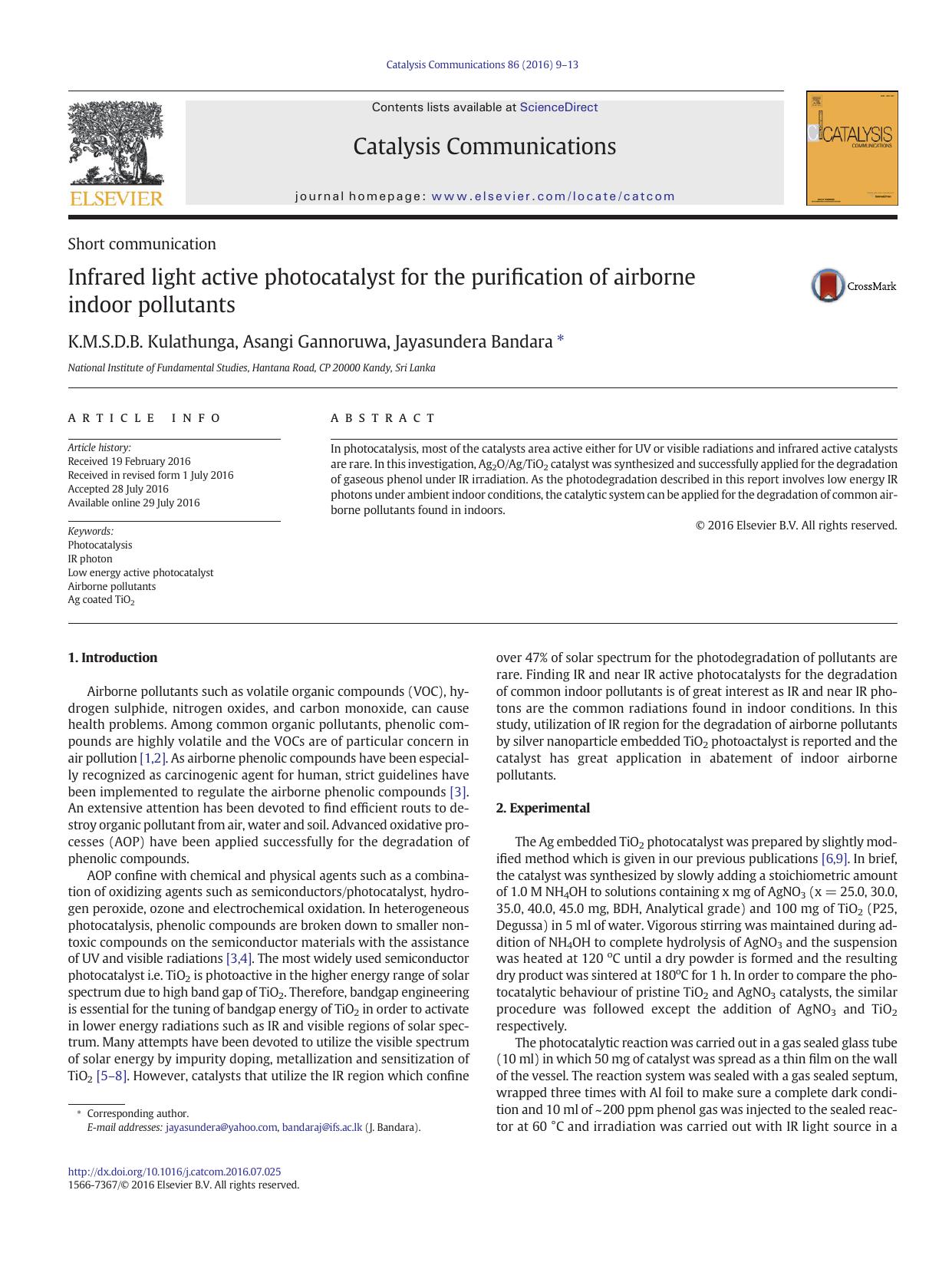 Infrared light active photocatalyst for the purification of airborne indoor pollutants by K.M.S.D.B. Kulathunga & Asangi Gannoruwa & Jayasundera Bandara