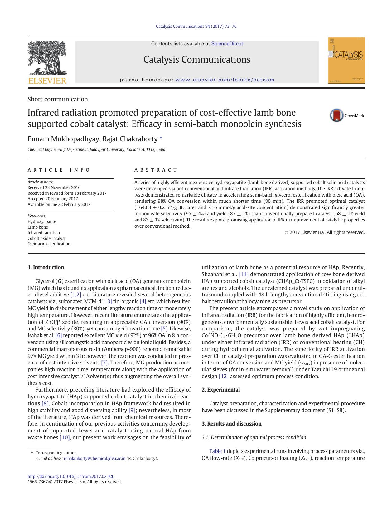 Infrared radiation promoted preparation of cost-effective lamb bone supported cobalt catalyst: Efficacy in semi-batch monoolein synthesis by Punam Mukhopadhyay & Rajat Chakraborty