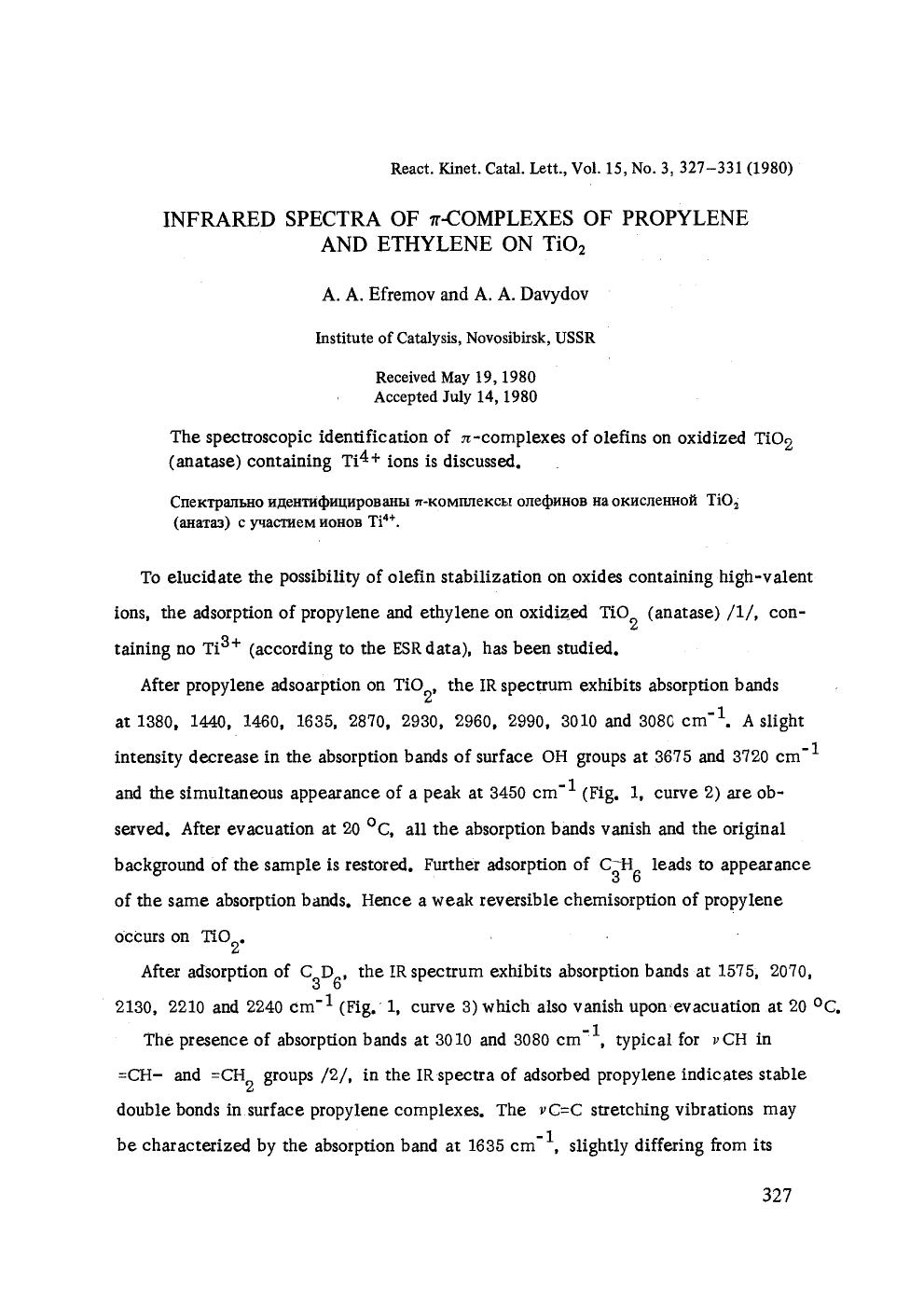 Infrared spectra of &#x03C0;-complexes of propylene and ethylene on TiO <Subscript>2 <Subscript> by Unknown