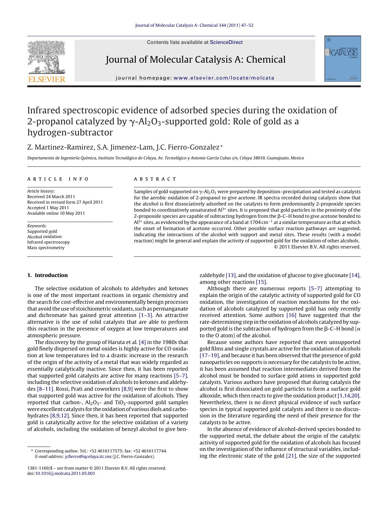Infrared spectroscopic evidence of adsorbed species during the oxidation of 2-propanol catalyzed by ÃÂ³-Al2O3-supported gold: Role of gold as a hydrogen-subtractor by Z. Martinez-Ramirez